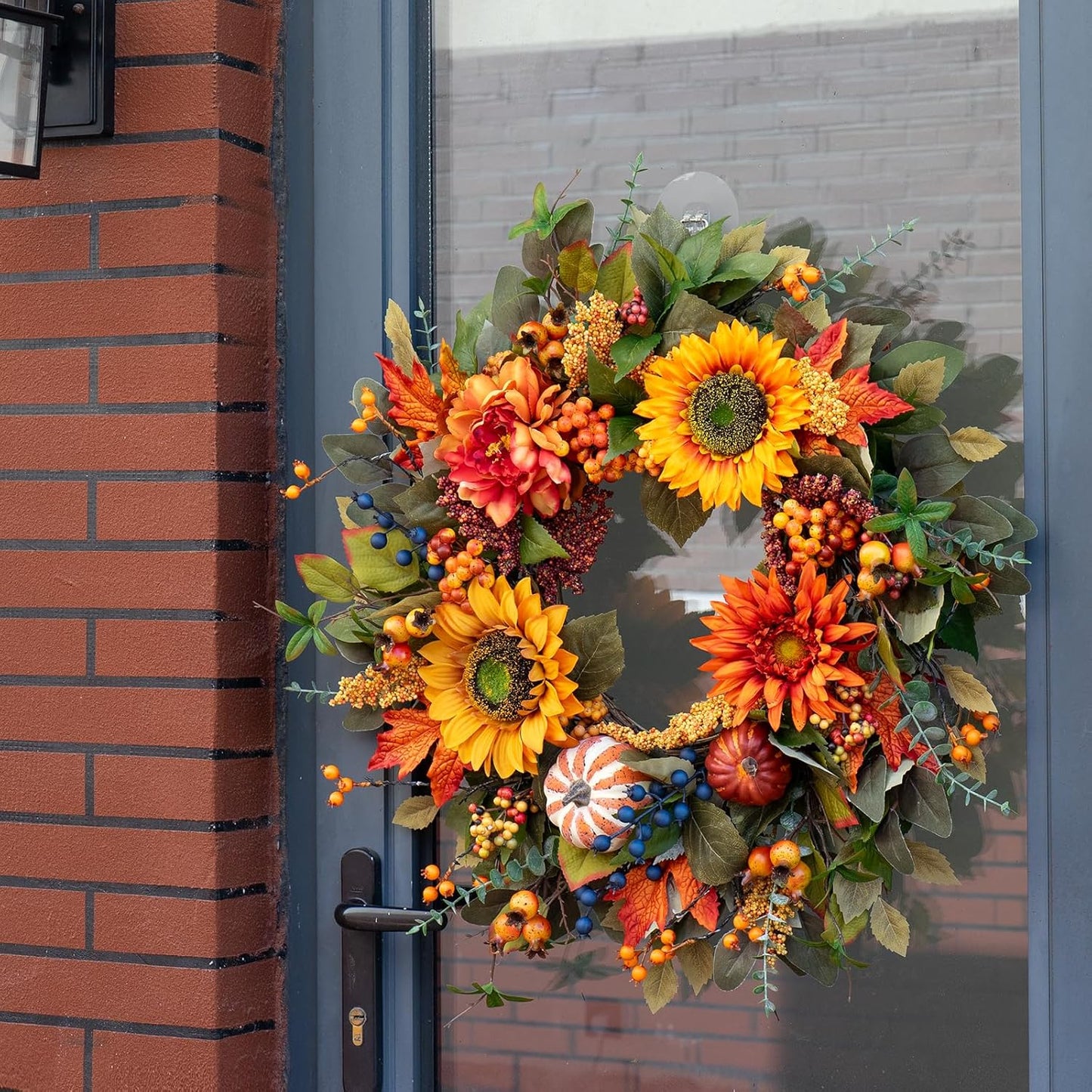 Fall Wreaths for Front Door β 24 Inch Autumn Wreath with Pumpkins, Sunflowers, Berries & Maple Leaves β Fall Door Wreath for Outdoor Thanksgiving, Halloween & Harvest Decor