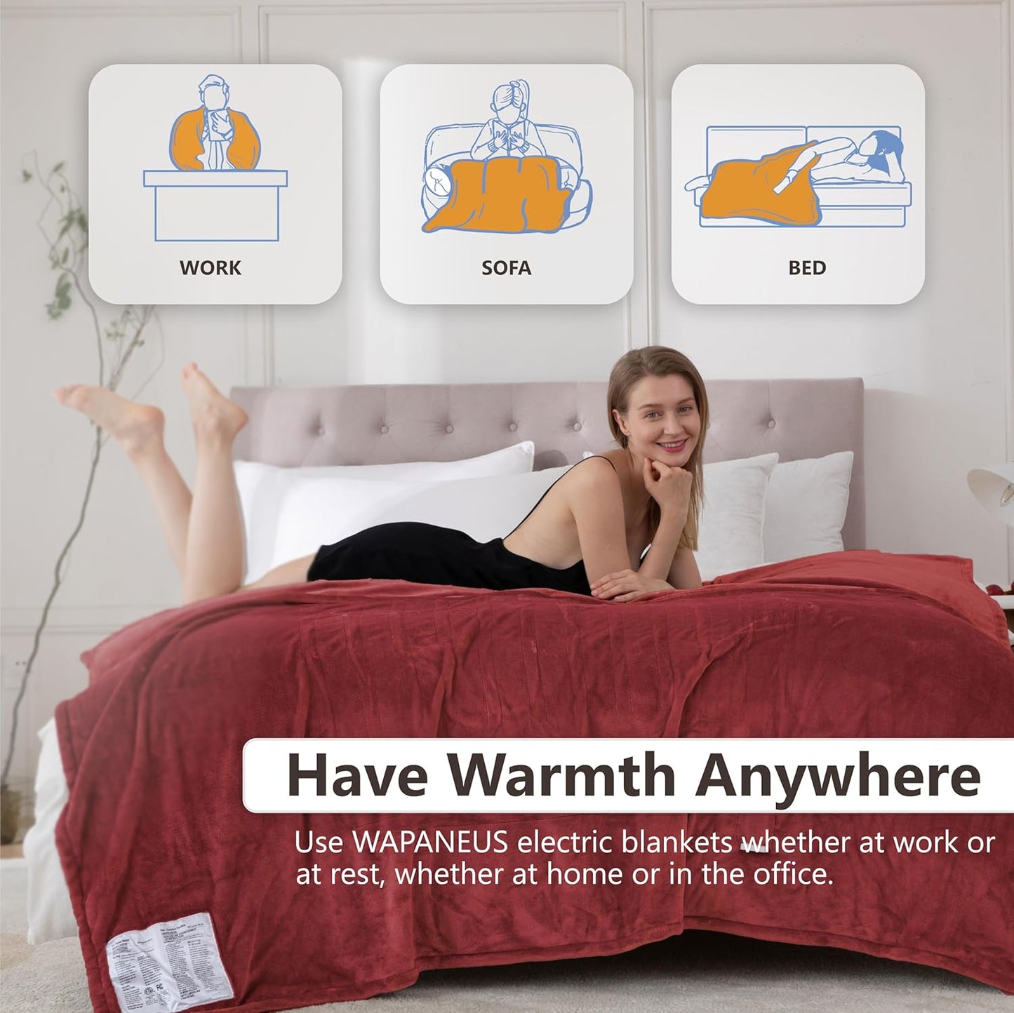 Wapaneus Heated Blanket Electric Queen Size 84"x90"-Dual Control with 10 Heat Levels 12 Timer Settings and 8 Hours Auto-Shut Off,Fast-Heating Electric Blanket,ETL Listed Machine Washable,Red