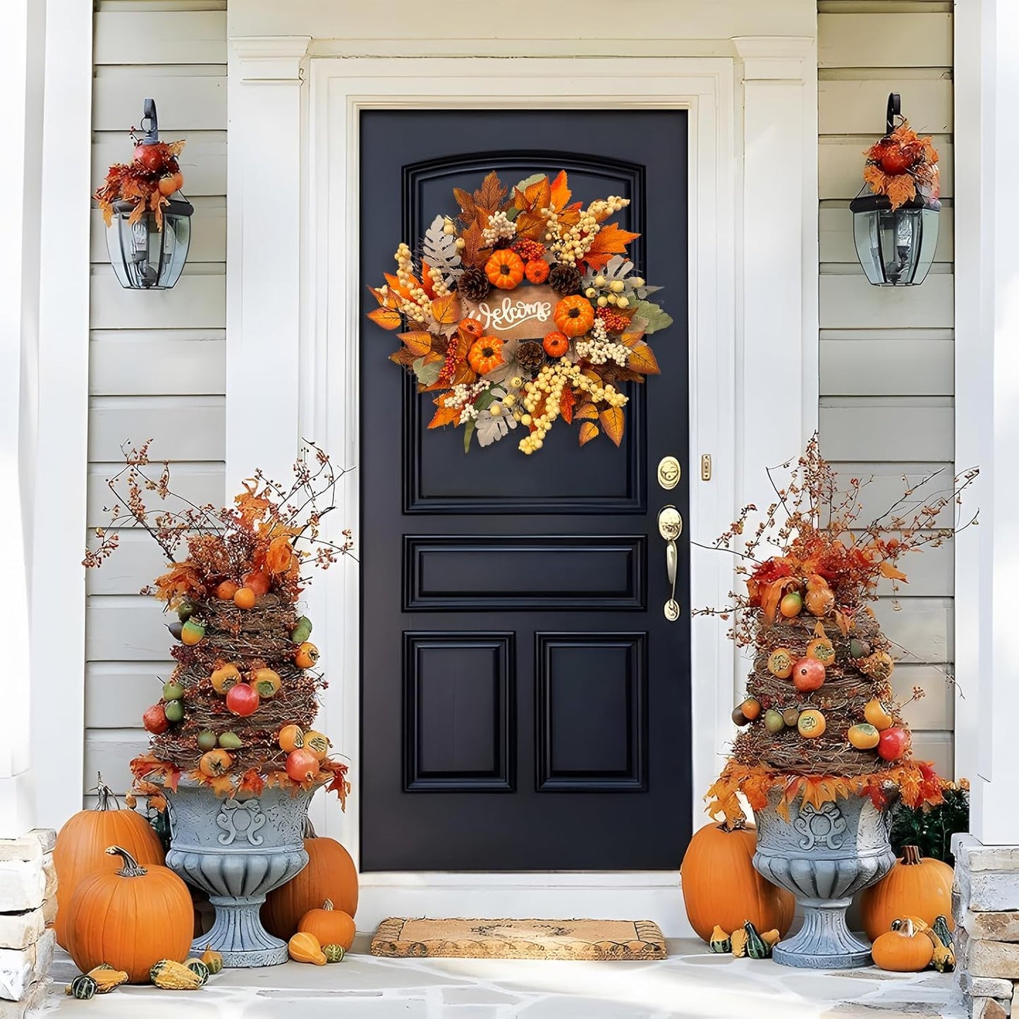 20 Inch Fall Wreaths for Front Door with Welcome Sign,Artificial Autumn Wreath with Sunflowers,Pumpkins,Berries and Leaves for Thanksgiving Harvest Farmhouse Home Decor Indoor Outdoor