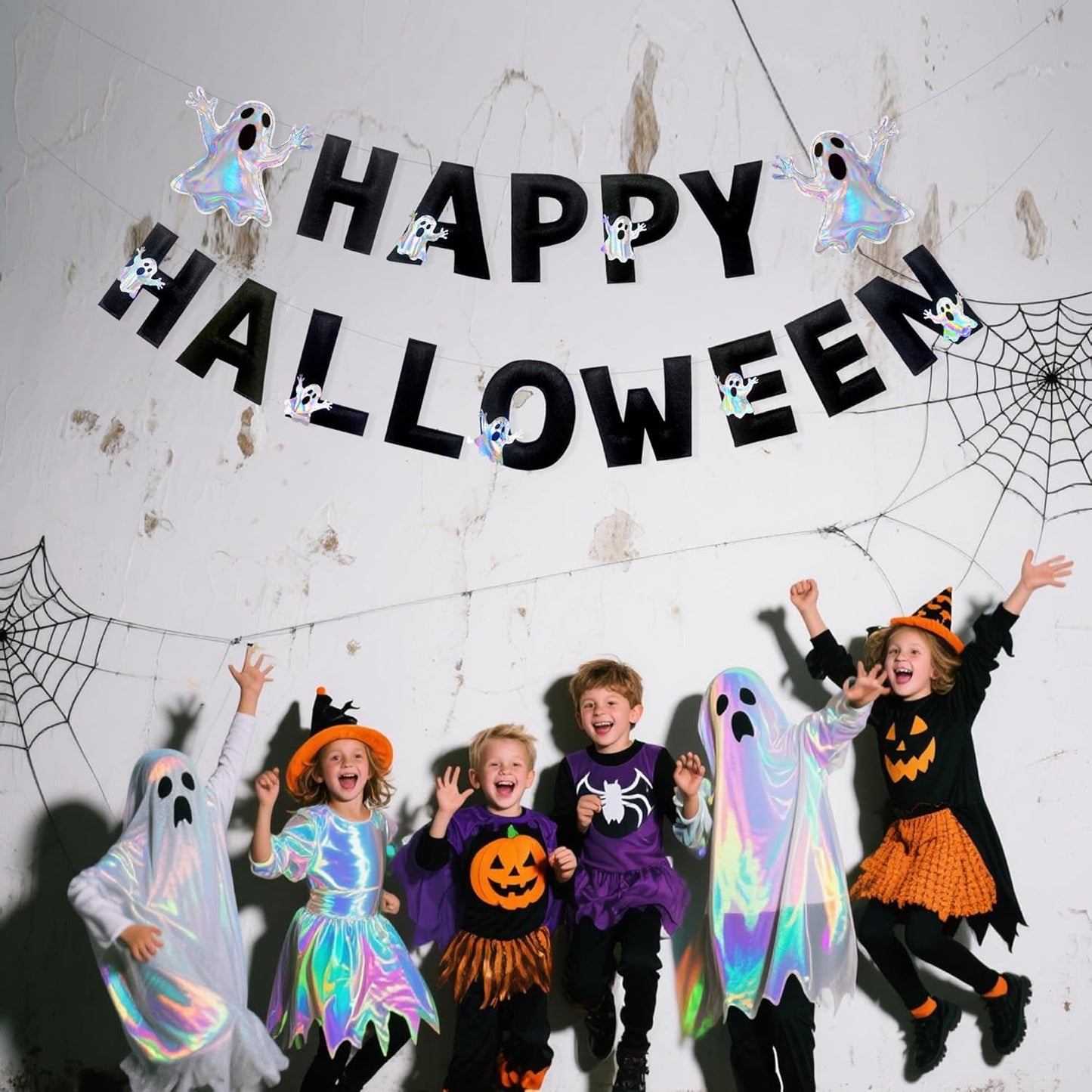 Halloween Decorations Pre-Strung Handmade Felt Happy Halloween Sign Iridescent Ghost Banner for Spooky Ghost Nursery Home Wall Decor Birthday Baby Shower Party Decorations Supplies