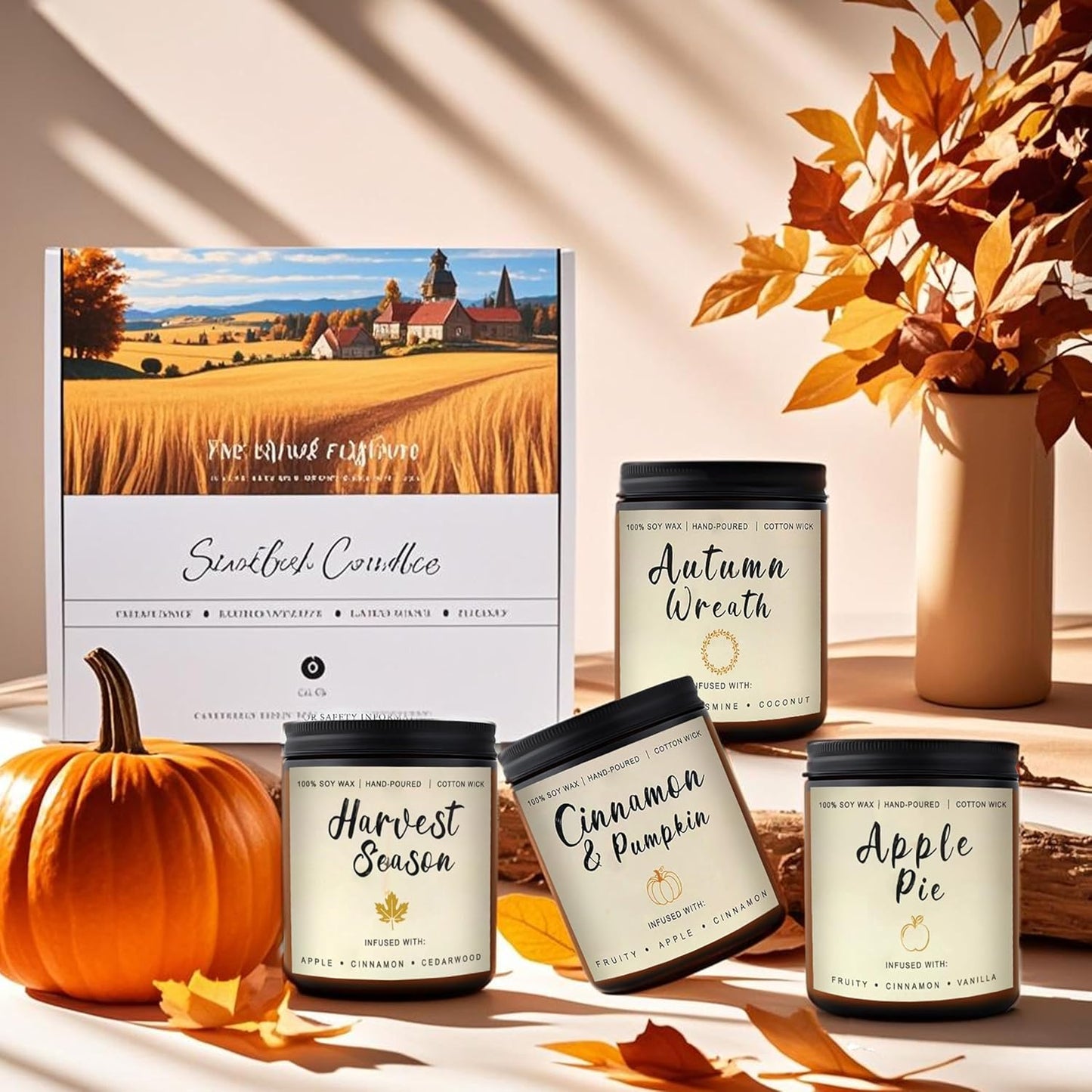 Fall Candles Gift Set β 4 Pack Scented Soy Candles for Home, Autumn Decor, Fall Decorations, Pumpkin Spice, Apple Pie, Cinnamon, Harvest β Great for Halloween & Thanksgiving Gifts