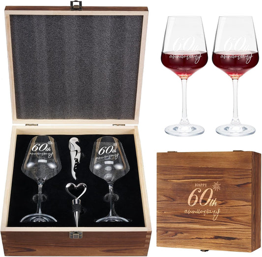 AW BRIDAL 60th Anniversary Wedding Gift for Couple 60 Years Anniversary Wine Glasses with Engraved Box Anniversary 60th Gifts for Parents