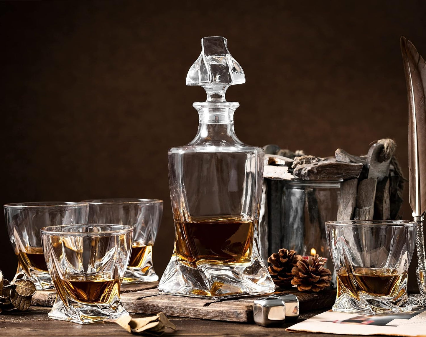 Whiskey Gifts for Men, Whiskey Decanter Set with 4 Glasses in Gift Box by Verolux | Elegant Twisted Design with Glass Stopper - Liquor, Bourbon, Brandy, Gin, Rum, Tequila, Vodka, Cognac