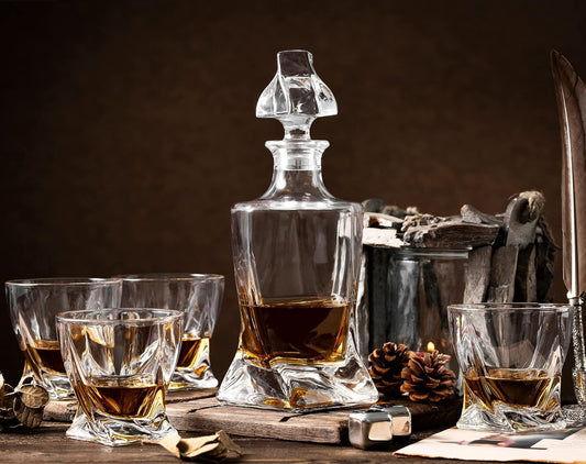Whiskey Gifts for Men, Whiskey Decanter Set with 4 Glasses in Gift Box by Verolux | Elegant Twisted Design with Glass Stopper - Liquor, Bourbon, Brandy, Gin, Rum, Tequila, Vodka, Cognac