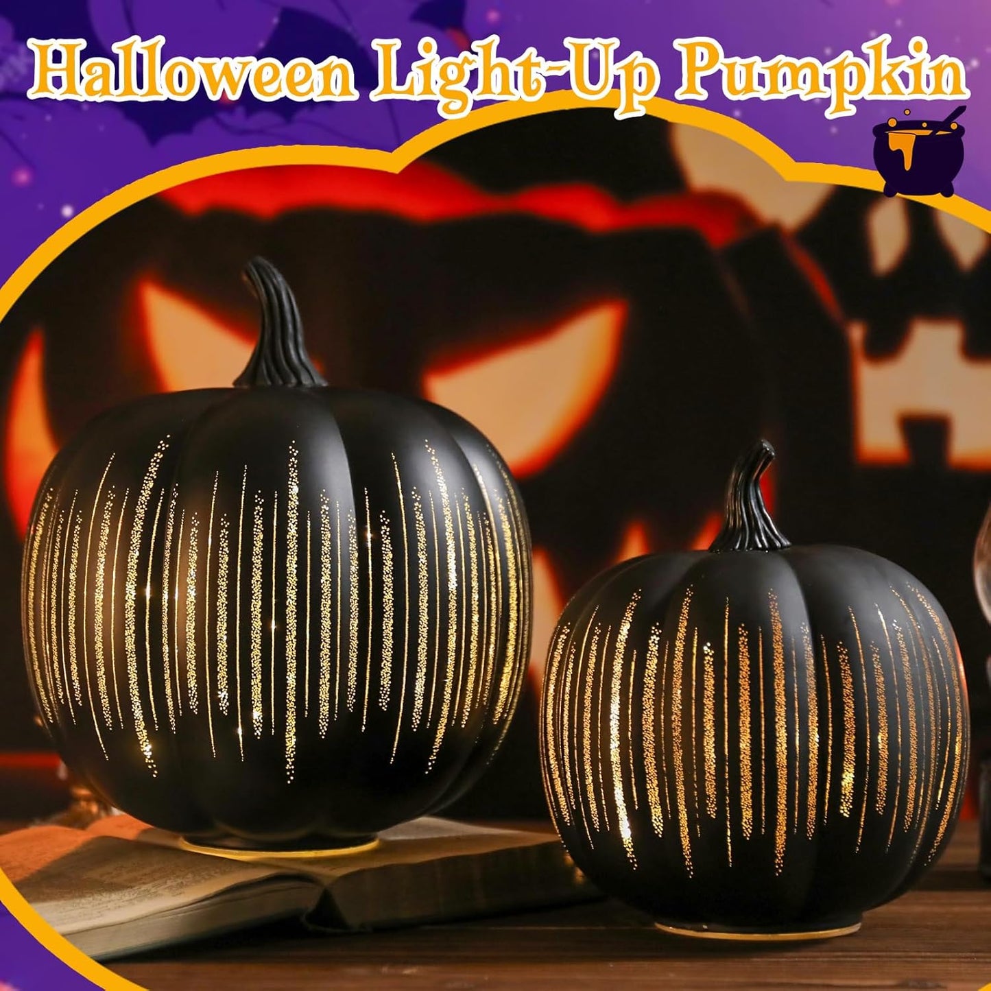 Bdor Halloween Pumpkin Decorations, 2-Piece LED Black Pumpkins Set with Gold Stripes, 8.66" & 6.69" Light Up Fall Decor for Tabletop, Home, Party