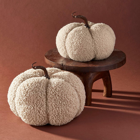 LampLust Plush Pumpkin Decor, Pack of 2, Sand Faux Pumpkins for Thanksgiving Table Centerpiece, Rustic Farmhouse Decor, Fall Halloween Decorations