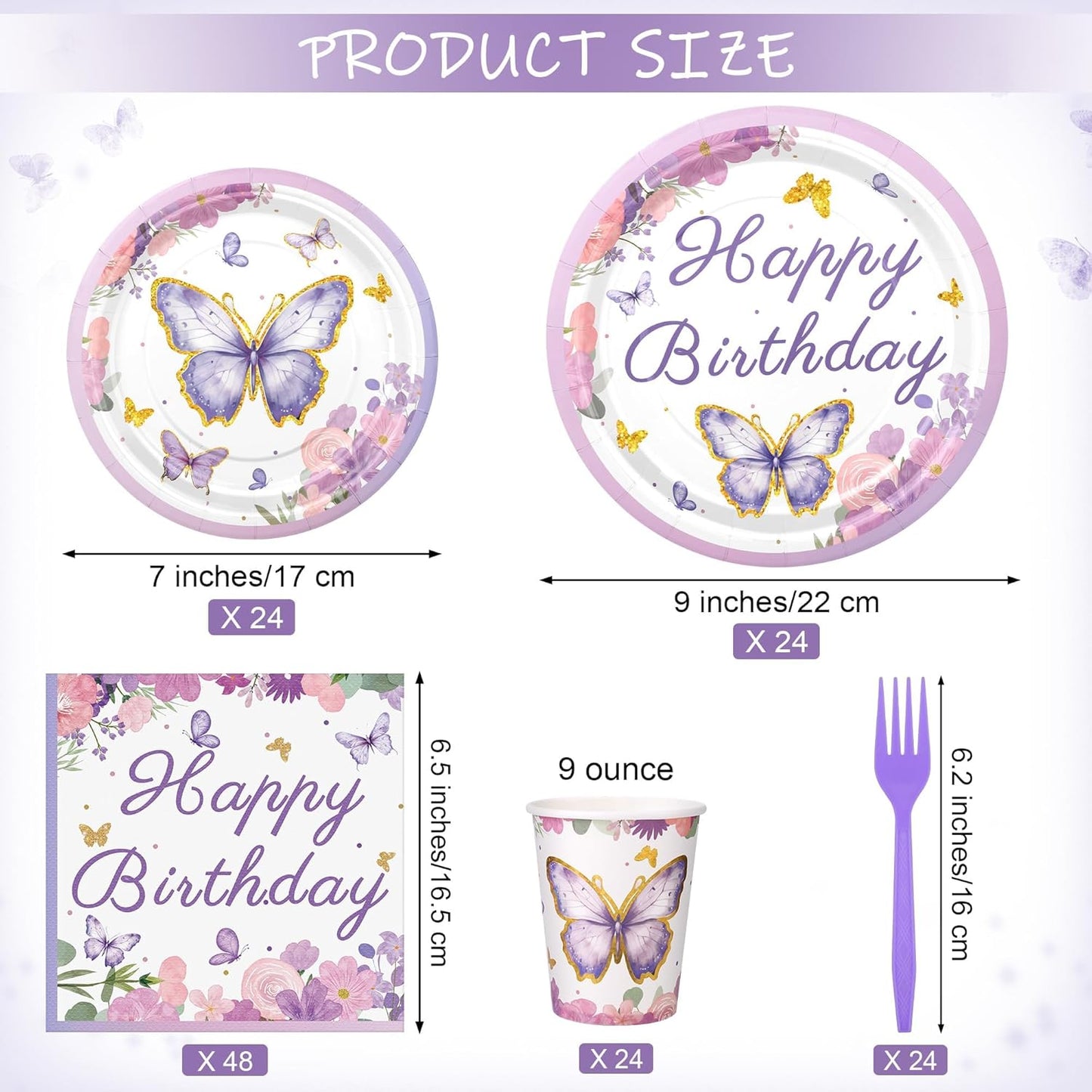 144 Pieces Butterfly Birthday Party Supplies Including Disposable Paper Plates Napkins Cups Forks Serves 24 for Baby Shower Girls Animal Butterfly-themed Party Decorations