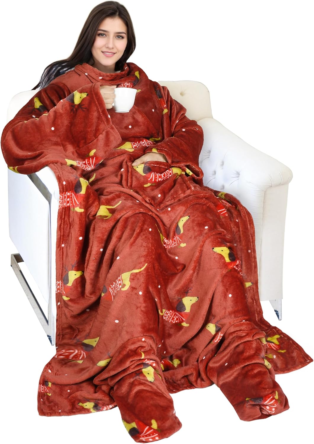 Catalonia Xmas Dachshund Print Wearable Blanket with Sleeves and Foot Pocket – Ultra-Soft Warm Fleece Long Throw Snuggle Blanket for Sleeping & TV Time – Cozy for Women & Men
