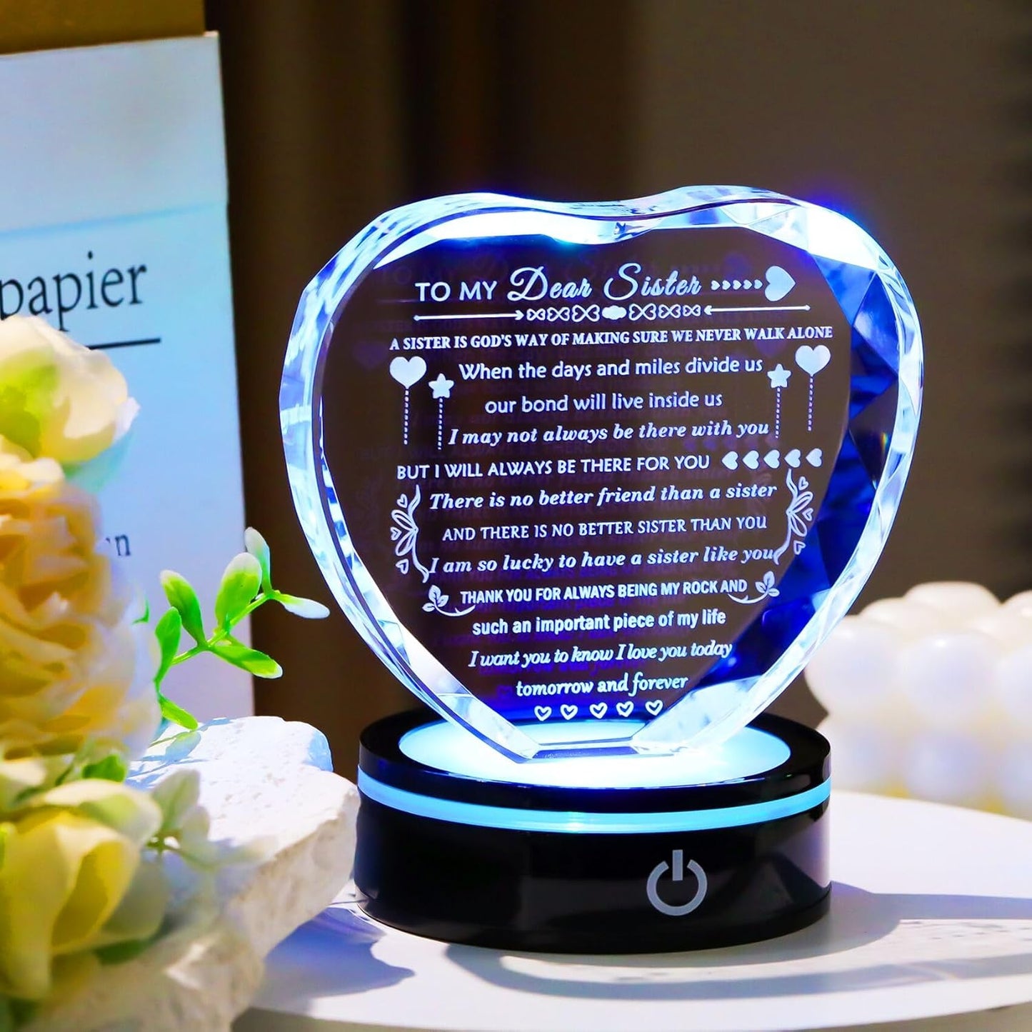 Sister Birthday Gifts Meaningful Sister Gift with Colorful LED Base from Sister Brother Heart Crystal to My Sister Present Sister Gifts for Women on Christmas Mothers Day Valentines Wedding