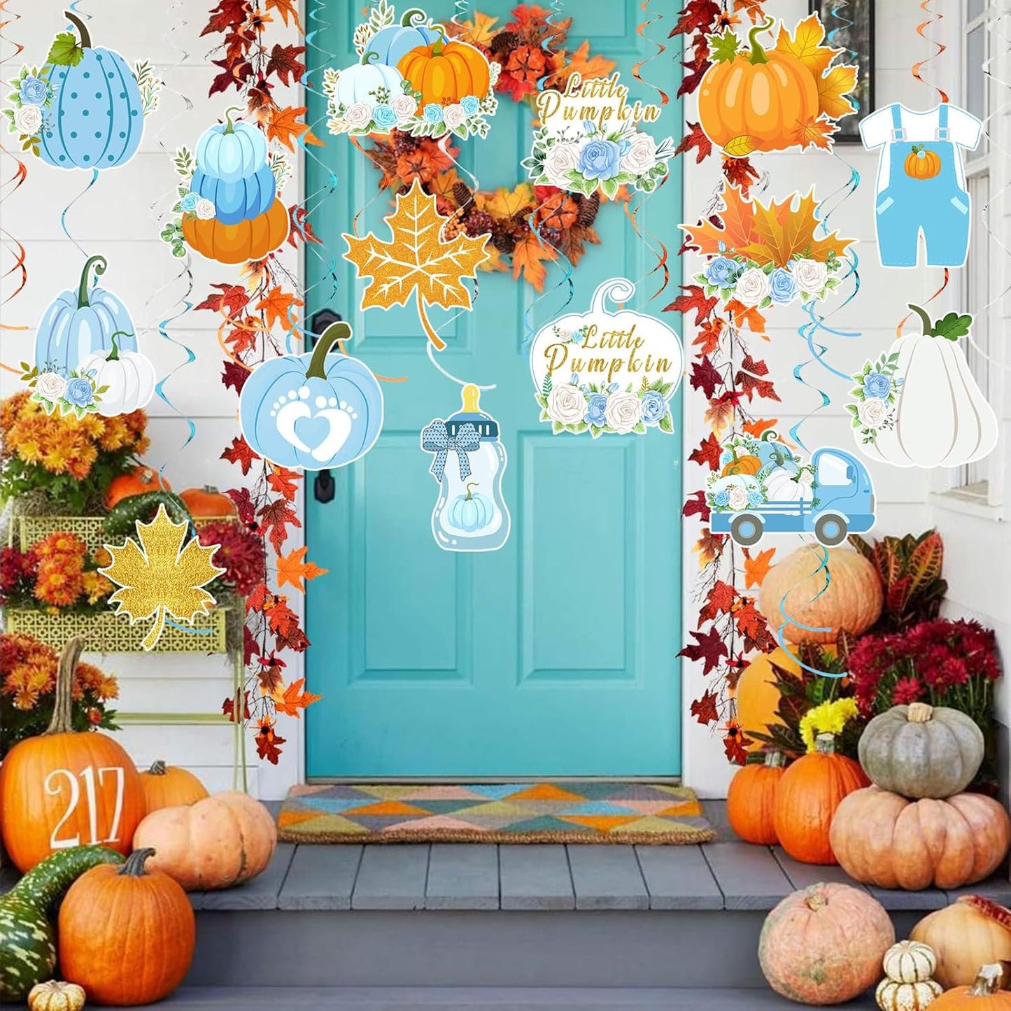 36pcs Thanksgiving Little Pumpkin Party Hanging Swirls Decor,Blue Boy Little Pumpkin Thanksgiving Hanging Swirls, Fall Themed Maple Leaf Pumpkin Truck Ceiling Swirl for Boy Birthday Party Decorations