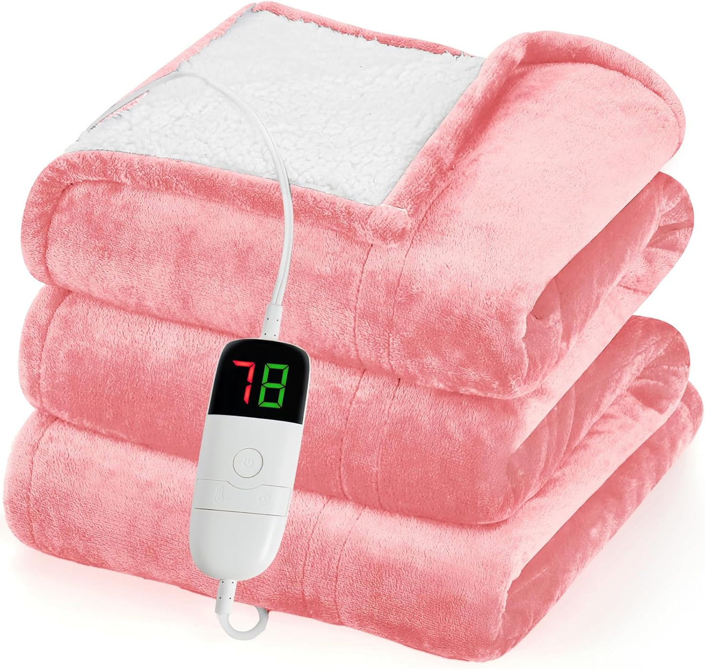 greenoak Heated Blanket Electric Throw 50"X60", Heating Blanket with 10 Heat Levels 1/2/4/6/12 Hours Auto-Off Overheat Protection, Flannel Sherpa Soft Warm Heater, ETL Certified Baby Pink