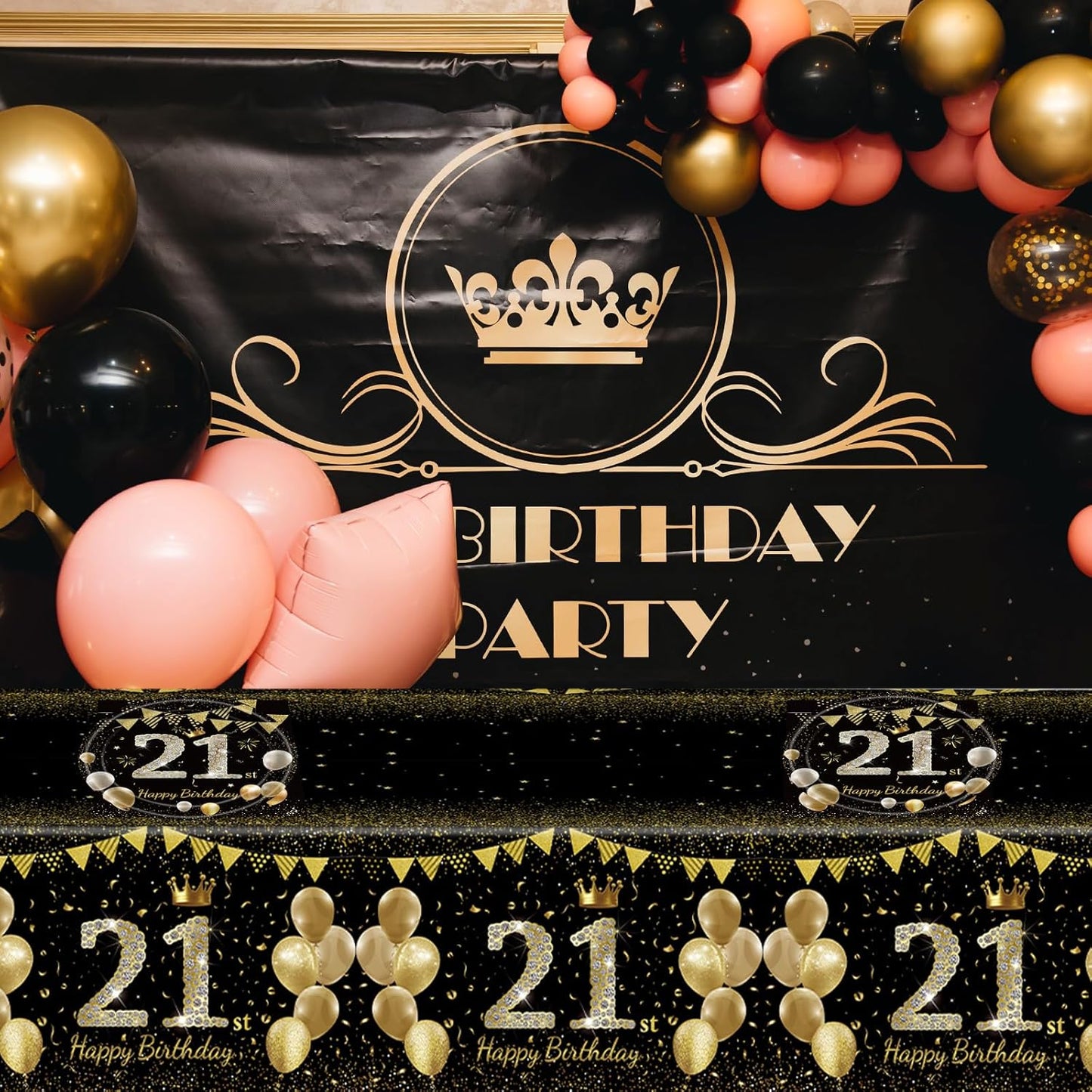 41Pcs 21st Birthday Decorations for Boy Girls, Black Gold 21 Year Old Happpy Birthday Girl Decorations include Plates Napkins Tablecloth for Official Teenager 21st Birth Party