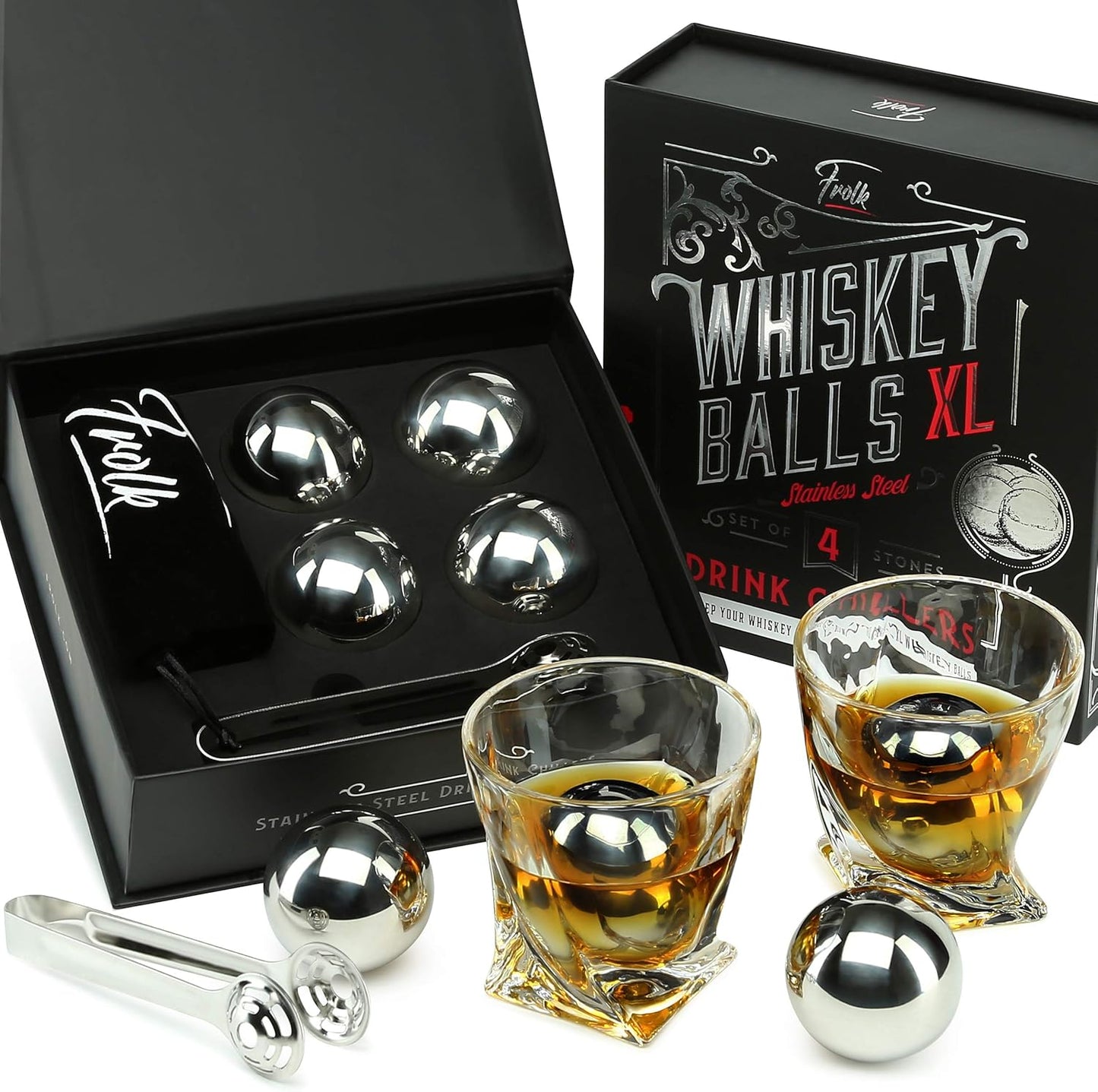 Gifts for Him - Men Dad Husband - 4 XL Stainless Steel Whisky Ice Balls, Special Tongs & Freezer Pouch in Luxury Gift Box for Whiskey Lovers!