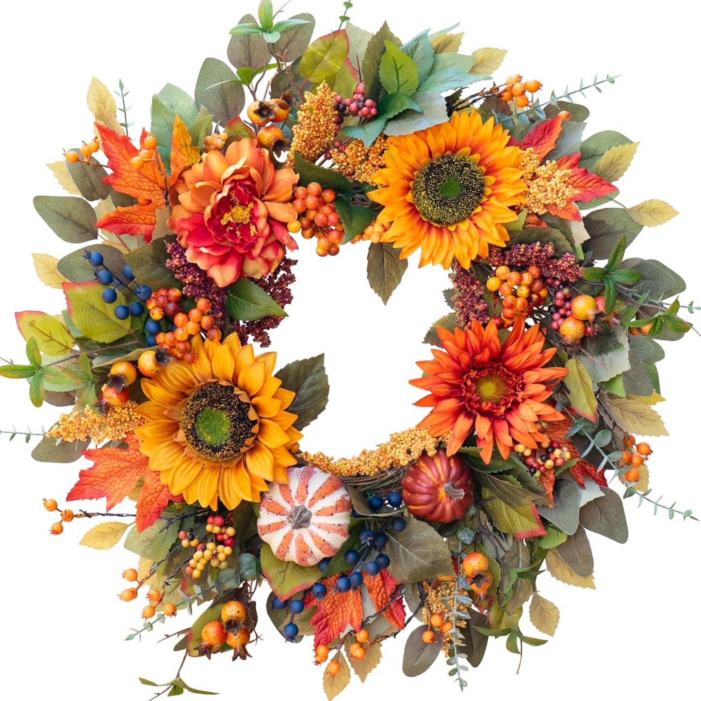 Fall Wreaths for Front Door β 24 Inch Autumn Wreath with Pumpkins, Sunflowers, Berries & Maple Leaves β Fall Door Wreath for Outdoor Thanksgiving, Halloween & Harvest Decor