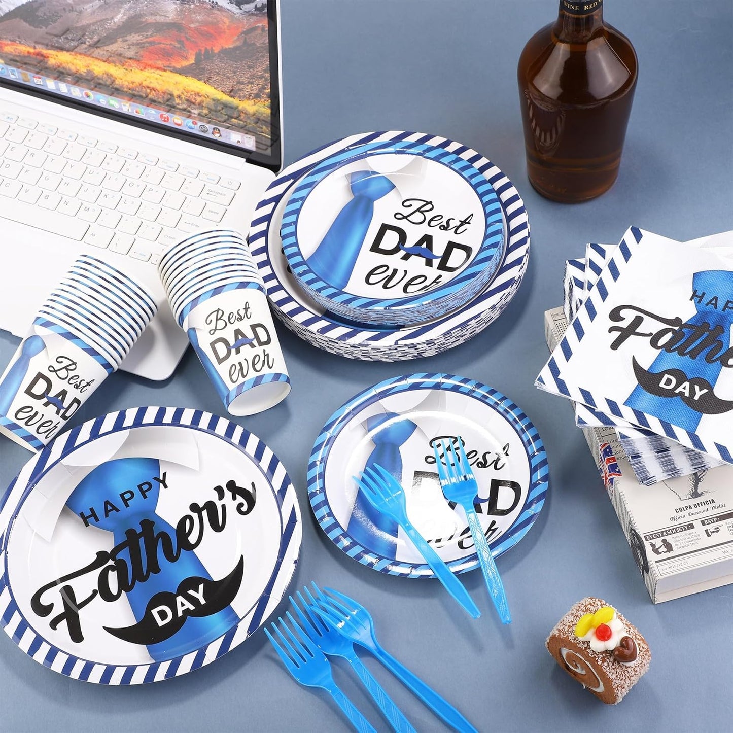 144 Pieces Father's Day Party Tableware Sets Including Disposable Plates Napkins Cups Forks Serves 24 for Father's Day Decorations Dad Grandpa Celebration Happy Father's Day Party Supplies