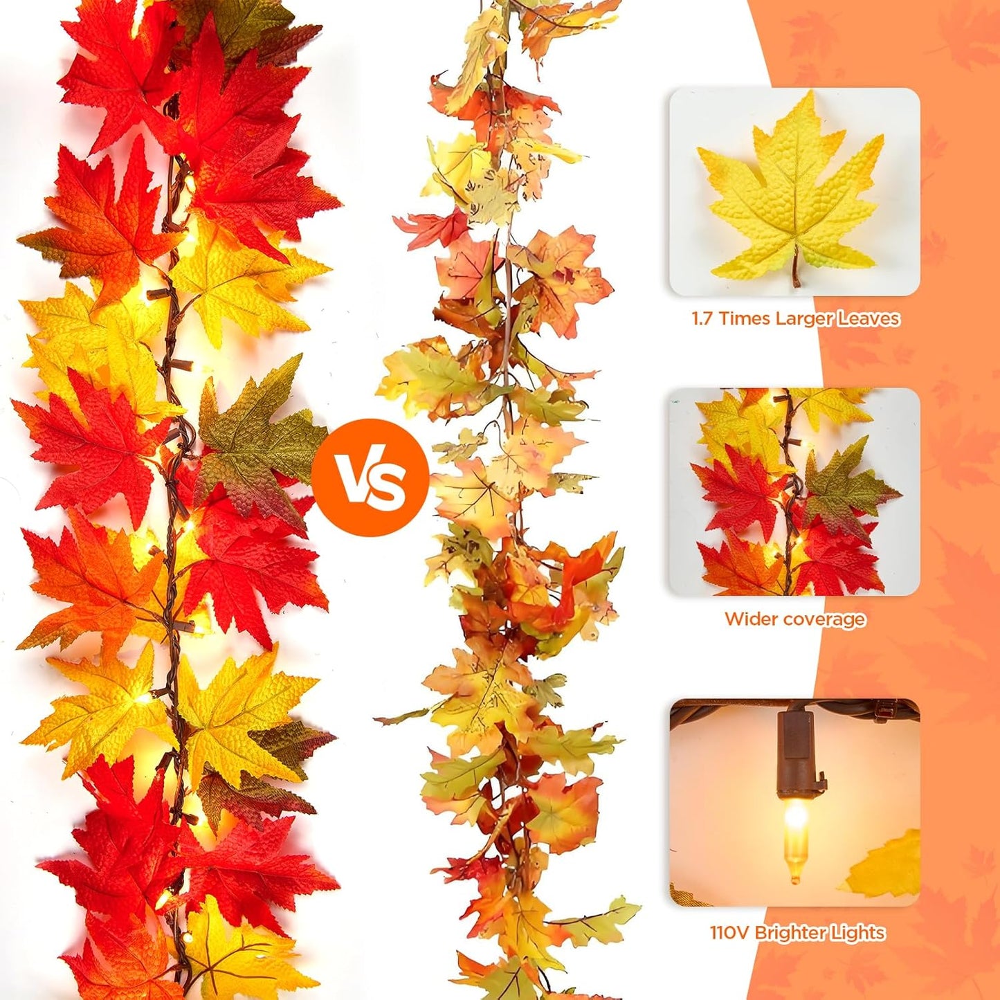 9FT Fall Decorations for Home Large Leaves Fall Garland with Lights Plug in 50 Bulbs Connectable Thanksgiving Garland String Lights for Outdoor Indoor Harvest Fireplace Fall Decor(1 Pack)