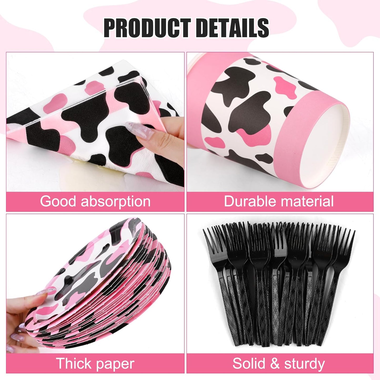 144 Pieces Pink Cow Print Party Tableware Sets Including Disposable Plates Napkins Cups Forks Serves 24 for Cow Theme Farm Animal Party Supplies