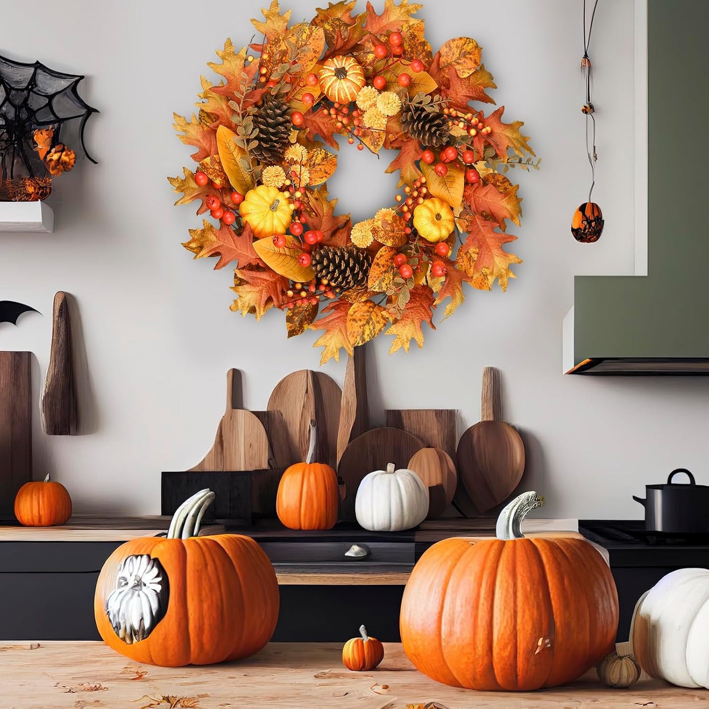 24" Fall Wreath for Front Door - Artificial Autumn Wreath with Maple Leaves, Pine Cones, Pumpkins & Berries - Thanksgiving & Halloween Decor for Indoor/Outdoor Use
