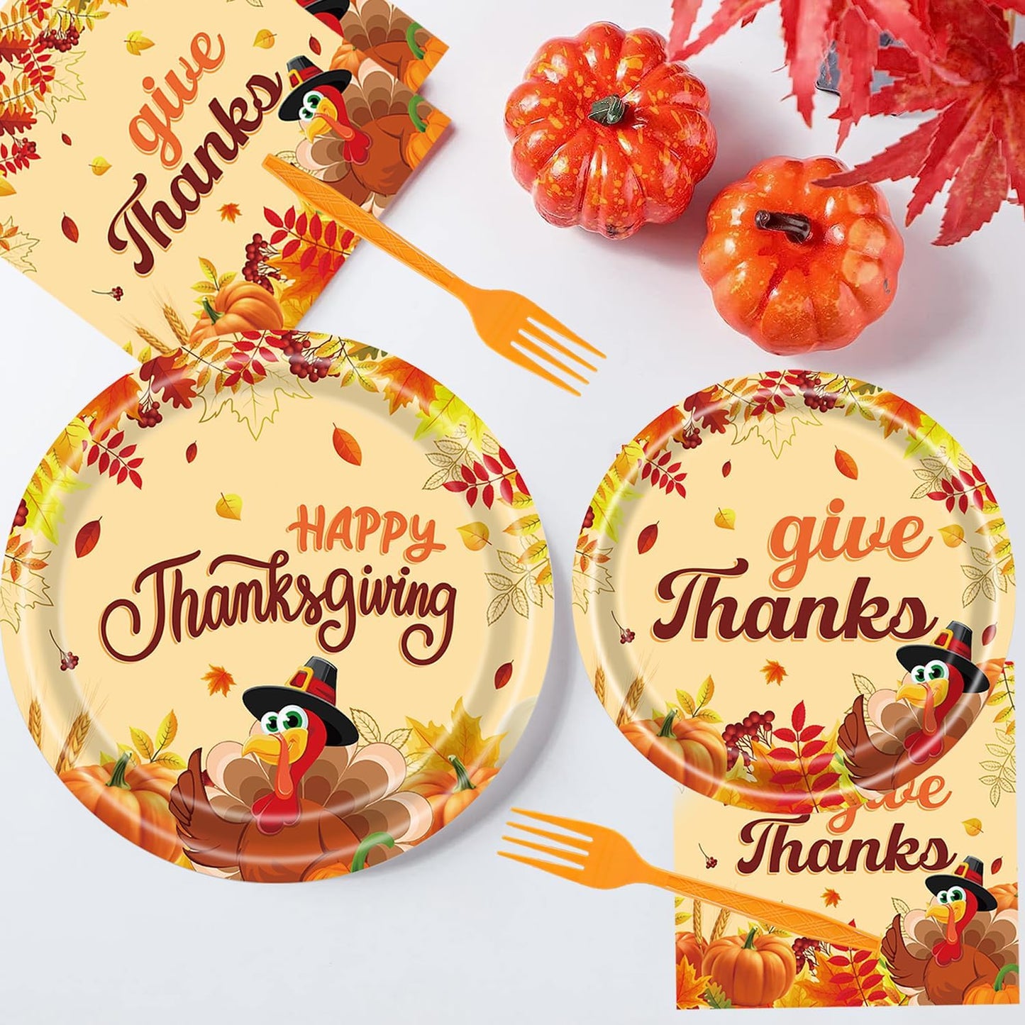 Fall Thanksgiving Party Supplies 96 Pcs Turkey Paper Plates, Napkins, Forks - Pumpkin Autumn Disposable Tableware Set for Harvest Party Decorations