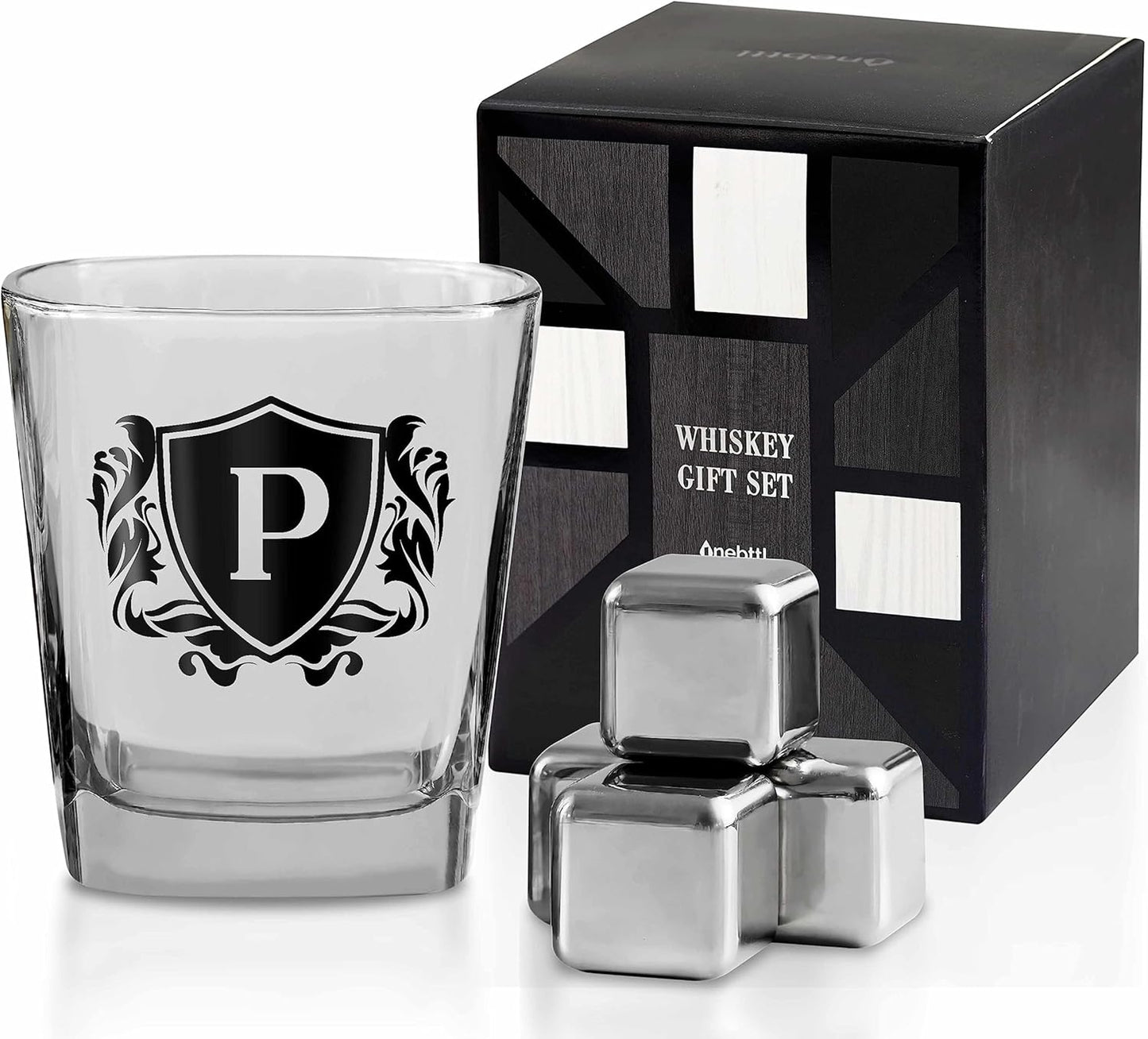 Whisky Gifts for Men, Personalized Initial Whiskey Glass with Whiskey Stones for Dad, Boyfriend, Best Friends, Coworkers, Husband, Brother, Uncle and Boss on Father's Day, Boss Day and Birthday - P