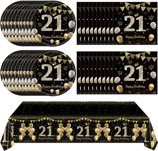 41Pcs 21st Birthday Decorations for Boy Girls, Black Gold 21 Year Old Happpy Birthday Girl Decorations include Plates Napkins Tablecloth for Official Teenager 21st Birth Party