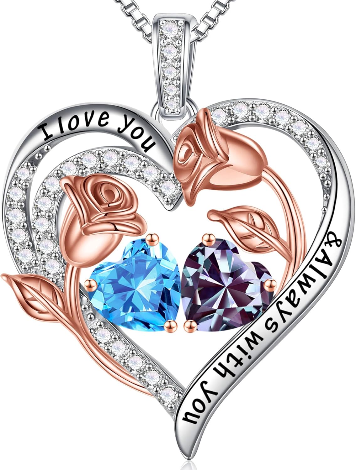 Iefil Birthstone Necklace for Women - 925 Sterling Silver Rose Heart Birthstone Necklace Birthday Anniversary Jewelry Gifts for Her Wife Mom Daughter