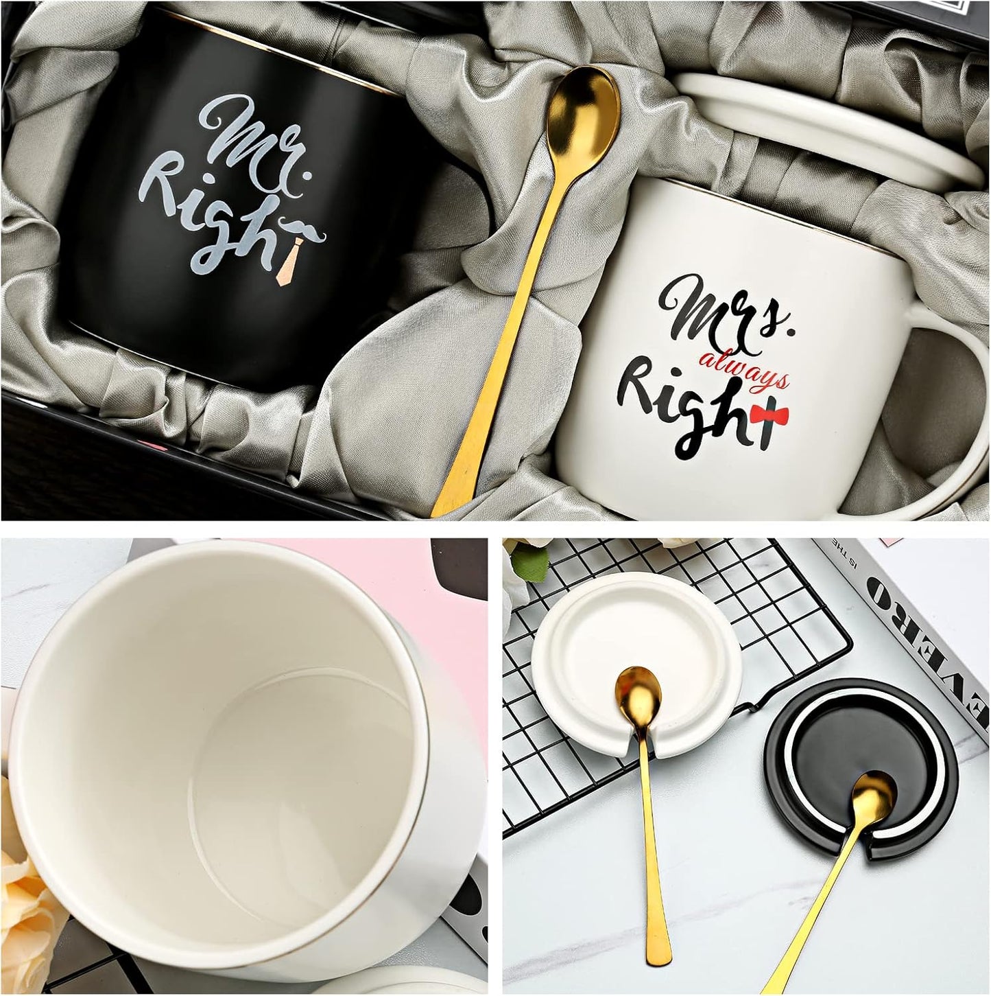 Mr Right Mrs Always Right Couple Coffee Mugs Cups - Bridal Shower Wedding Anniversary Valentine's Day Gift - Bride and Groom Newlyweds Married Couples Ceramic Marble Mugs Set - Black and White