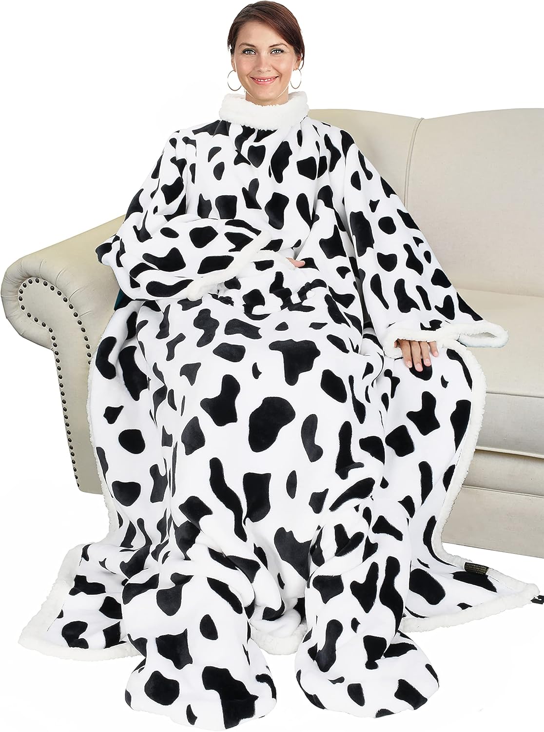 Catalonia Cow Print Sherpa Wearable Blanket with Sleeves & Foot Pockets for Adult Women Men, Comfy Snuggle Wrap Sleeved Throw Blanket Robe, Gift Idea