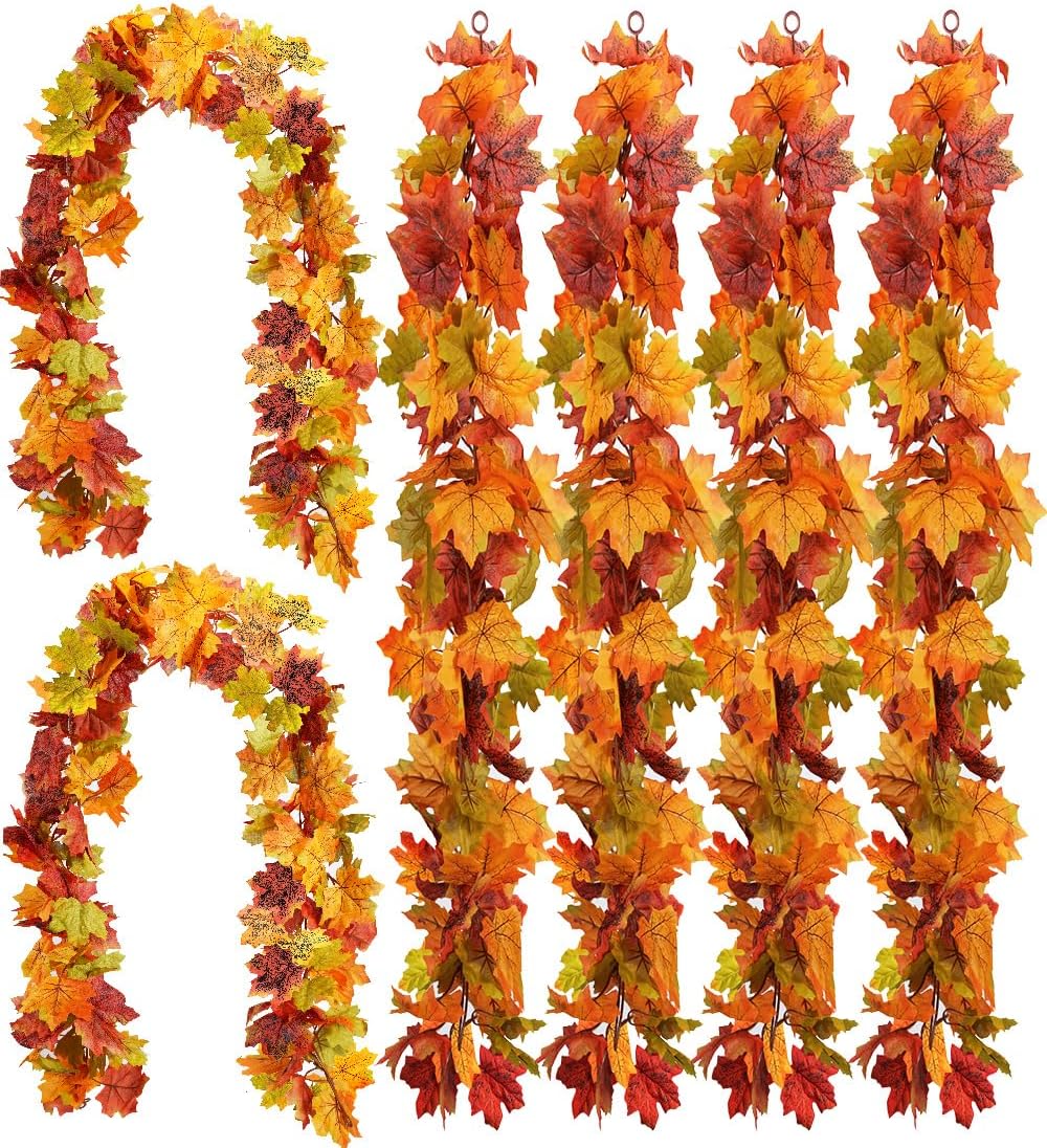 wohohoho 6 Packs Artificial Fall Leaves Garland, 5.9Ft/Pieces Autumn Maple Leaves Mantle Garland Hanging Vines for Home Decor Wedding Halloween Thanksgiving Christmas Indoor Outdoor Decorations