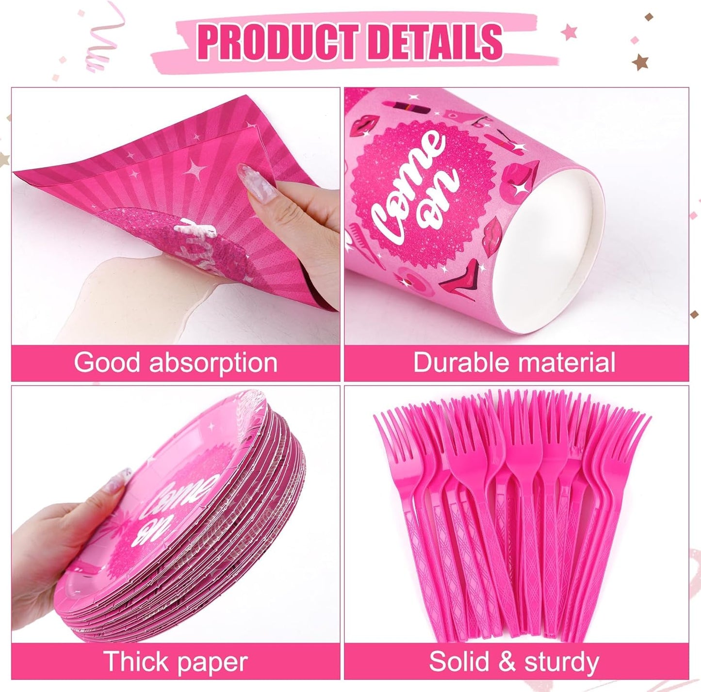 144 Pieces Let's Go Party Tableware Sets Including Disposable Plates Napkins Cups Forks Serves 24 for Birthday Disco Pink Girl Party Supplies
