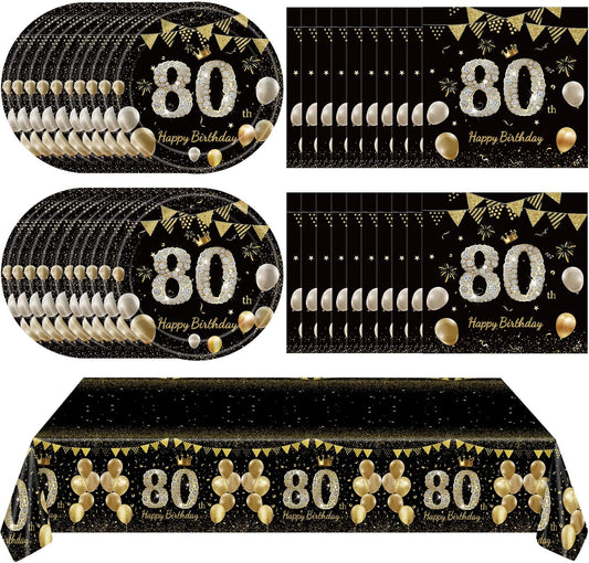 41Pcs 80th Birthday Decorations for Men Women, Vintage 80 Birthday Black Gold Disposable Paper Plates and Napkins Party Supplies for 20 Guests, 41Pcs Include 7" Plates Napkins and Tablecloth