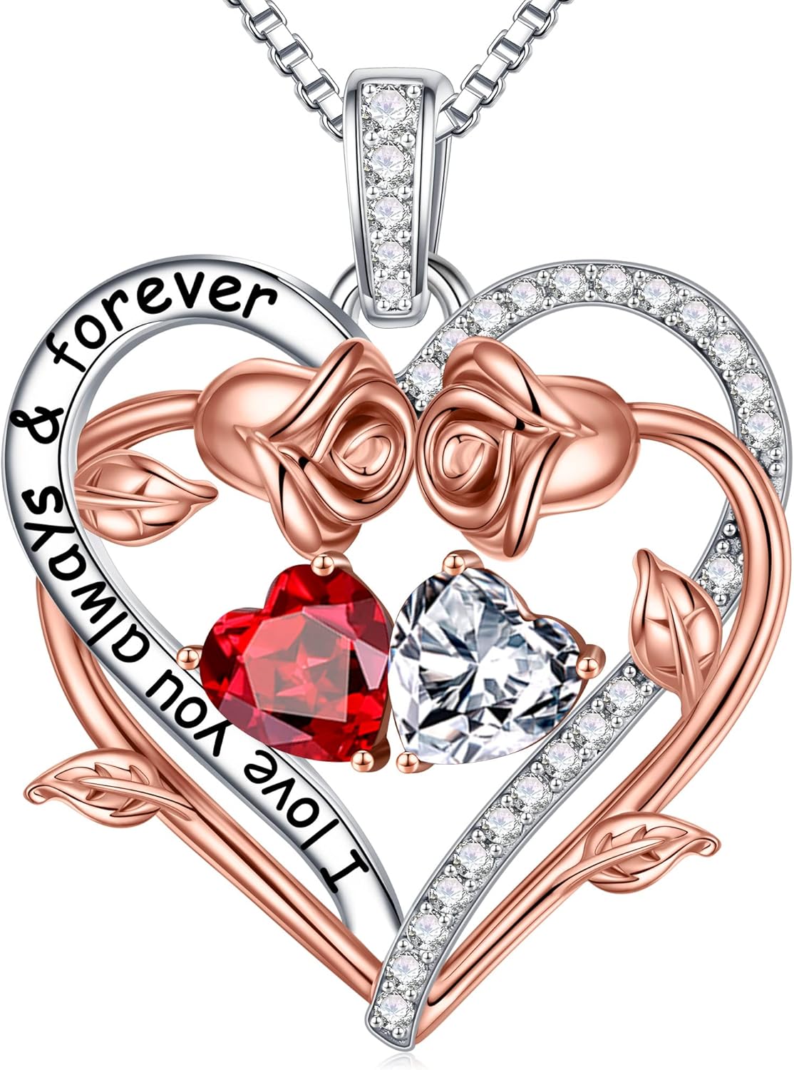 Iefil Rose Heart Double Birthstone Necklace Gifts for Wife Her Mom Women, Birthstone Jewelry Gemstone Birthday Gifts for Girlfriend Grandma Her Wife Women