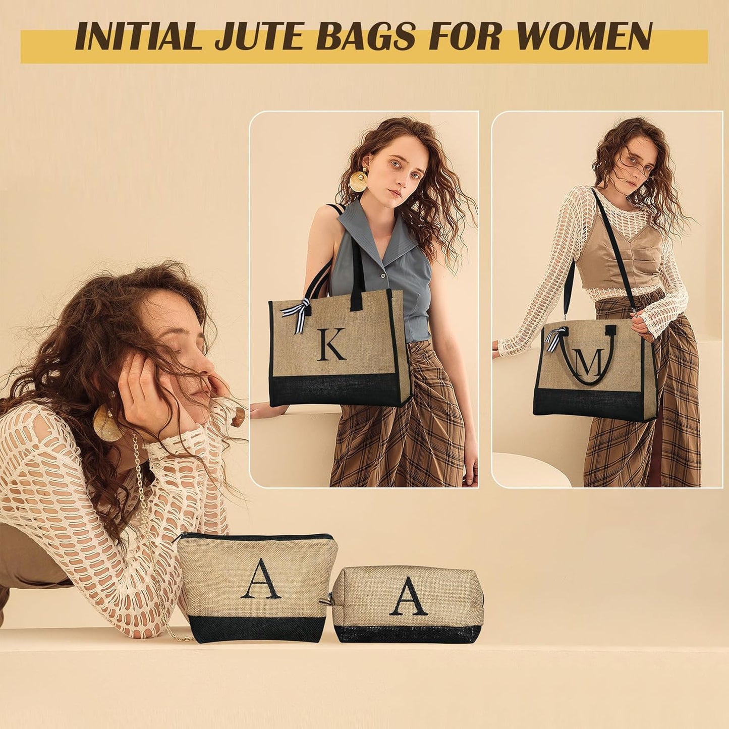 YOOLIFE Gifts for Women - Initial Jute Tote Bag & 2 Makeup Bags Personalized Gifts for Women Teacher Mom Friend Birthday