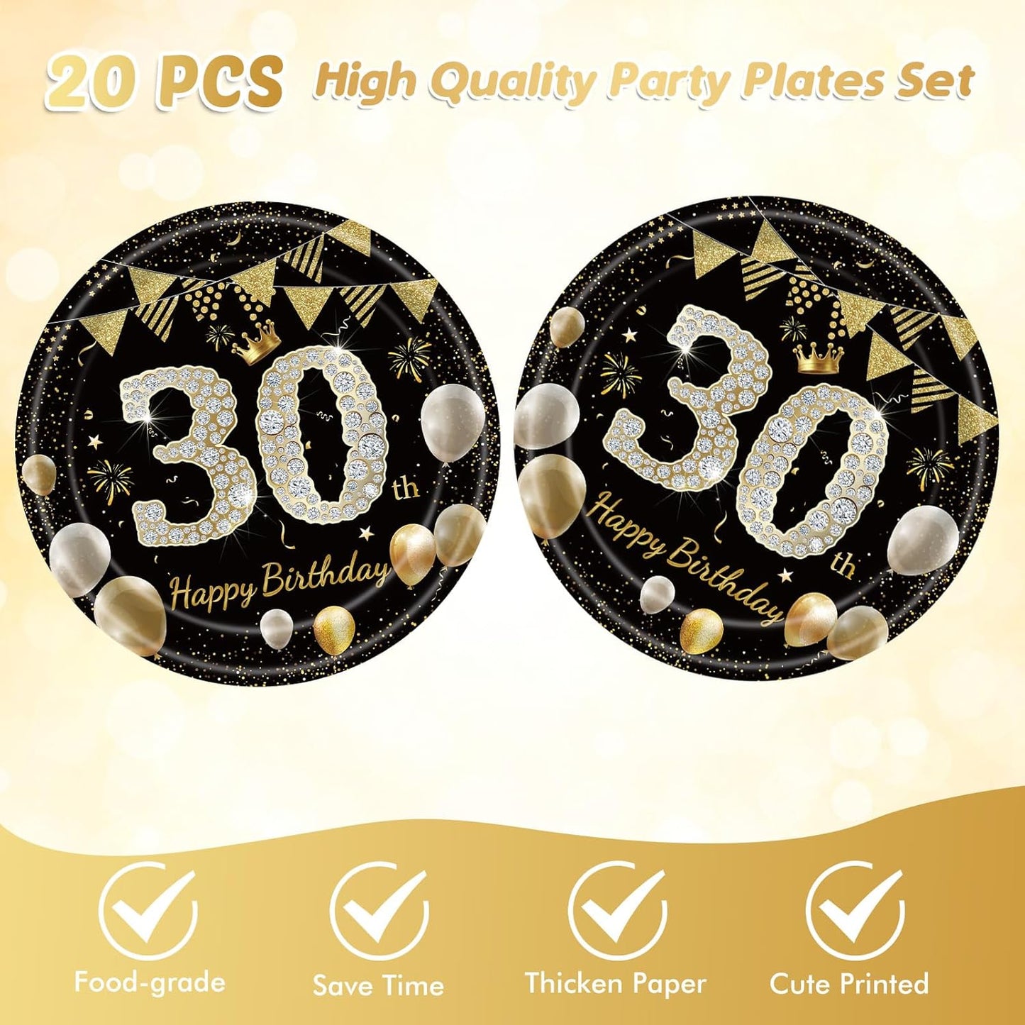 41Pcs 30th Birthday Decorations for Men Women, Black Gold 30 Year Old Birthday Party Supplies Include 20 Plates 20 Napkins and 1 Tablecloth, Black Gold 30 Aged Birth Party Tableware