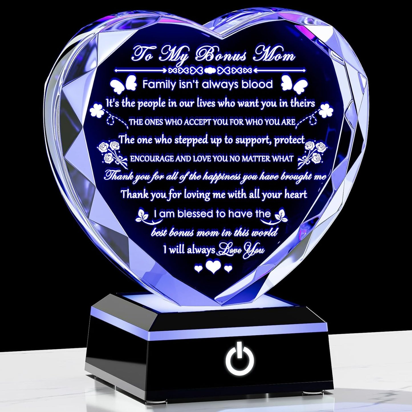 Bonus Mom Gifts with Colorful LED Base Crystal Heart Mothers Day Birthday Gifts for Stepmother Bonus Mom from Bonus Daughter Son Gift for Stepmom Mother in Law on Christmas Valentines
