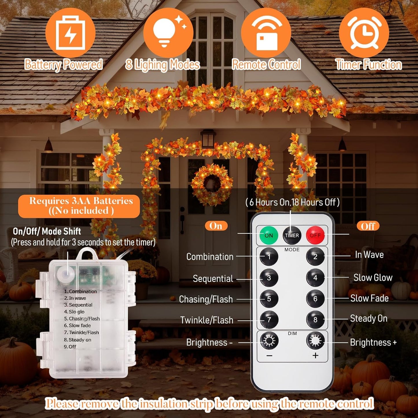 VIHOSE 2 Pack Thanksgiving Maple Leaves Garland Fall Decor 11.5 ft 40 LED with Pumpkin Lights Battery Operated and Timer Remote for Home Thanksgiving Halloween Decor(Orange Green)