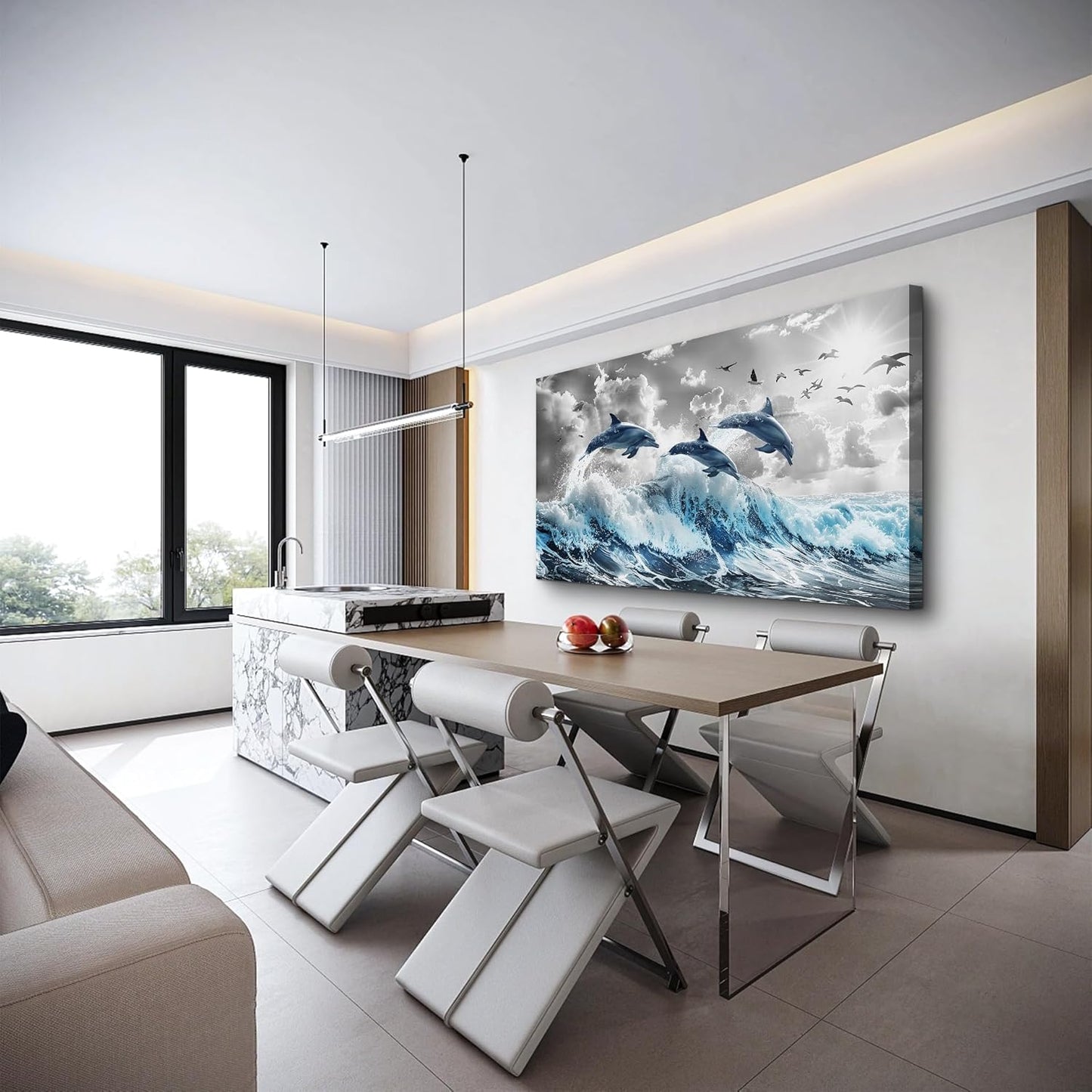 Wapluam Large Wall Art For Bedroom Blue Waves Of The Sea Wall Pictures Artwork Framed Canvas Wall Decoration For Living Room Fashion Office Canvas Art Prints Dolphins Seascape Paintings Home Decor