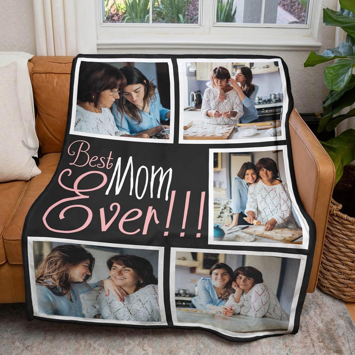 Custom Mom Blanket with 5 Photos Personalized Blanket with Pictures Customized Throw Gifts for Mom Grandma Photo Throw Blanket for Birthday Mother's Day, 15 Colors Available