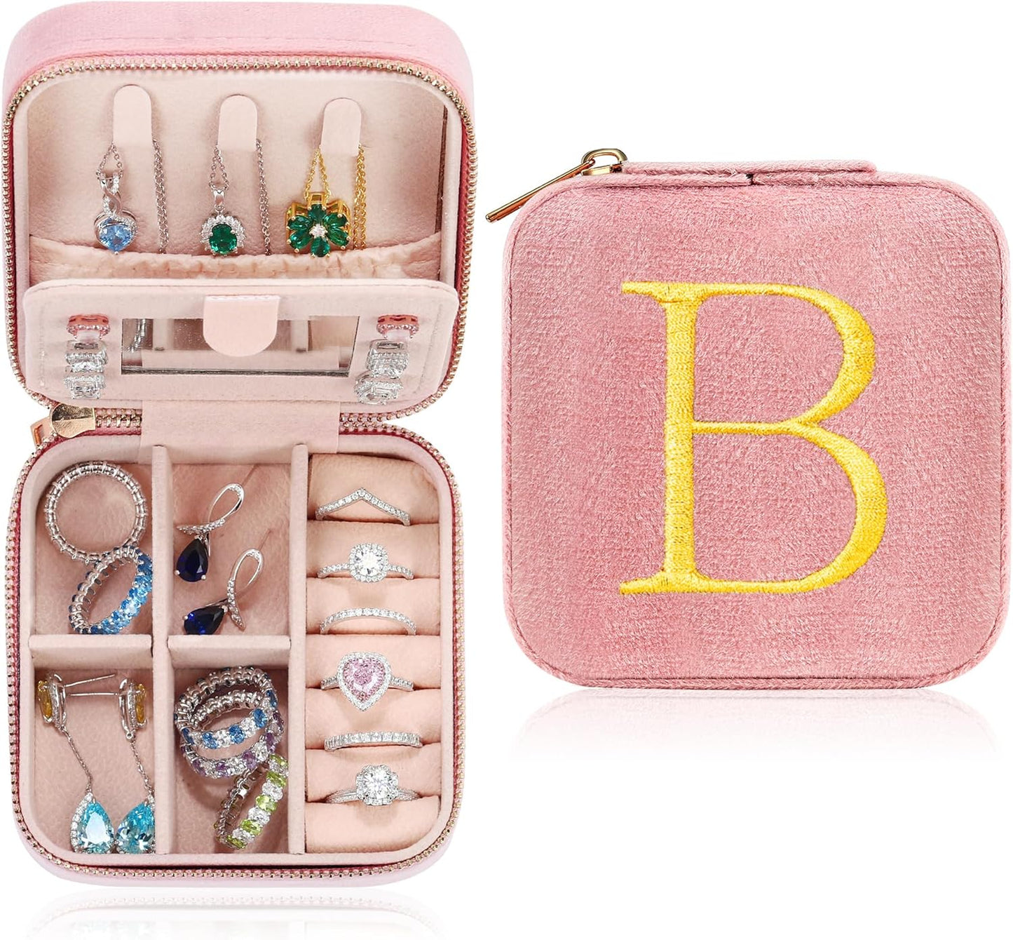 Parima Bridal Shower Bride Gifts Wedding Day - Small Personalized Travel Jewelry Box Jewelry Case Organizer Women Bridesmaid Proposal Matron Maid Of Honor Bachelorette Party favors - Letter B, Pink