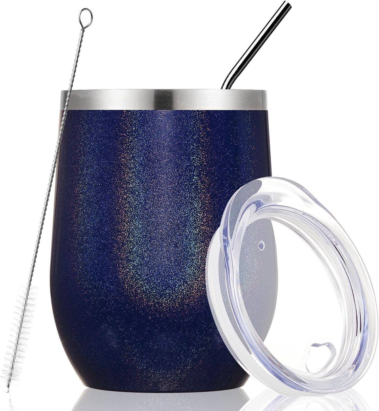 MEWAY Stemless 12 OZ Wine Tumbler Glasses with Lid -Insulated Double Wall Vacuum Stainless Steel Glitter Tumbler with Straw,for Woman Under 10 dollars (Rainbow Navy,1)