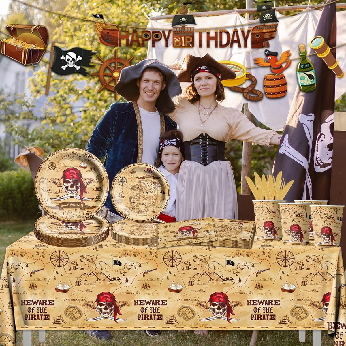 Pirate Party Supplies - 142Pieces Beware of the Pirate Theme Tableware Set Incluedes Pirate Plates,Tablecloth,Napkins Treasure Map Theme Decorations for Baby Shower Party,Adventure Party