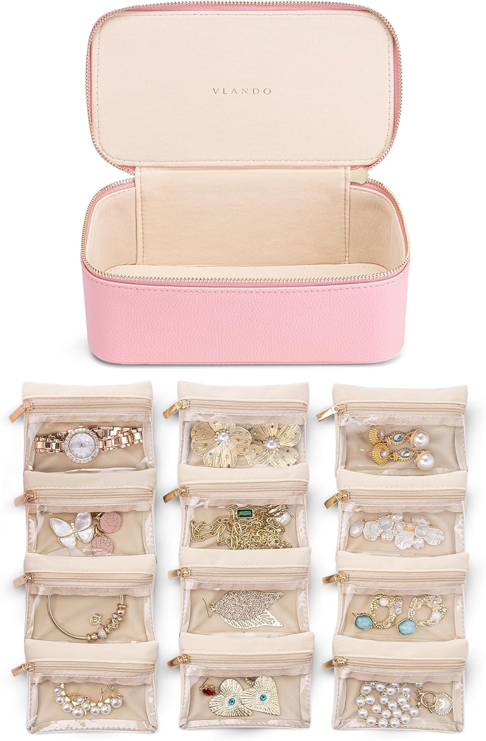 Vlando Jewelry Travel Case with 12 Velvet Jewelry Bags Travel Jewelry Orgainzer for Girls Jewelry Box for Necklace Rings Earrings Bags Christmas Gifts for Women Girls(Pink)