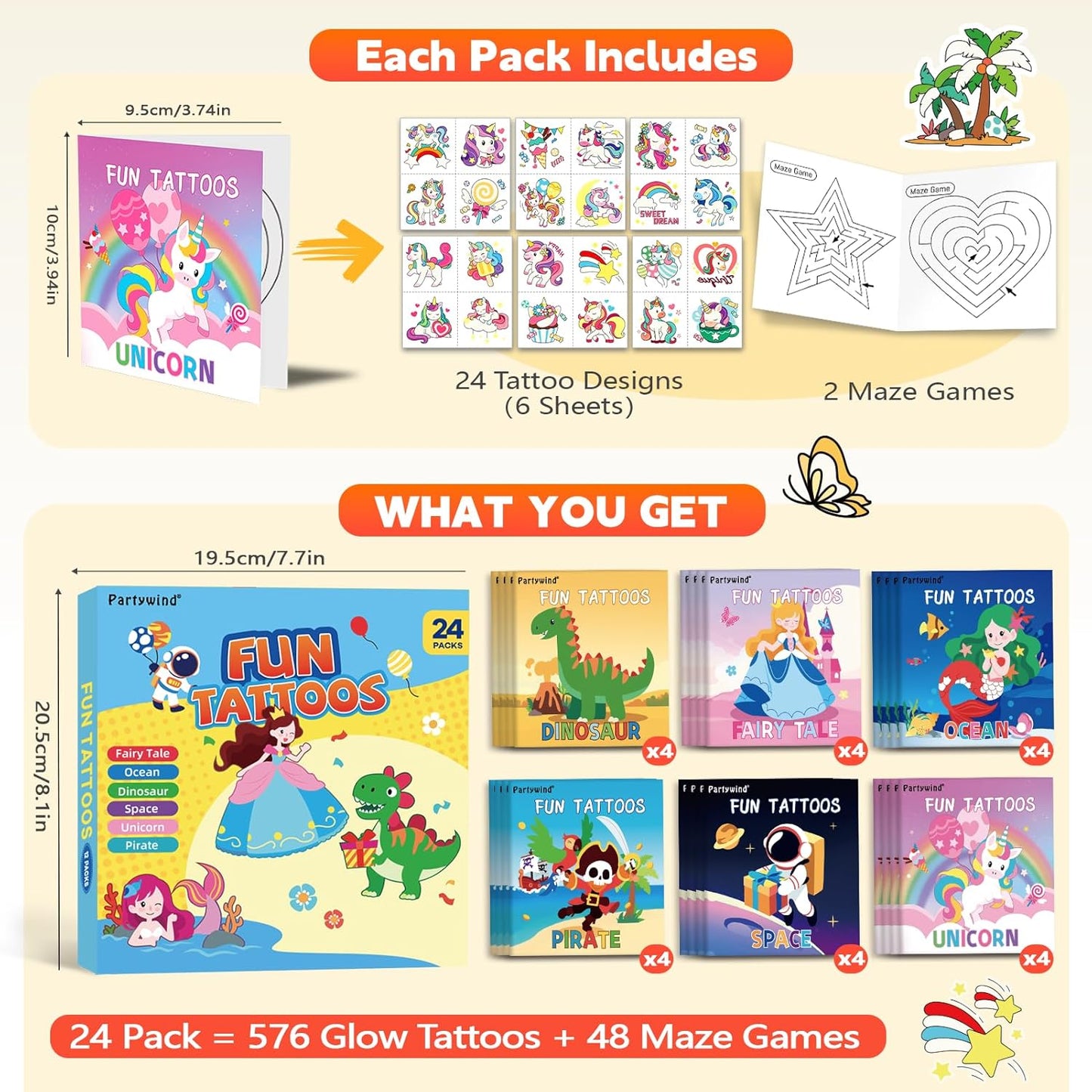 576PCS Glow Temporary Tattoos for Kids, 24 Pack Party Favors with Luminous Tattoos & 48 Maze Games, Mixed Tattoo Styles for Boys and Girls, Kids Birthday Goodie Bag Stuffers