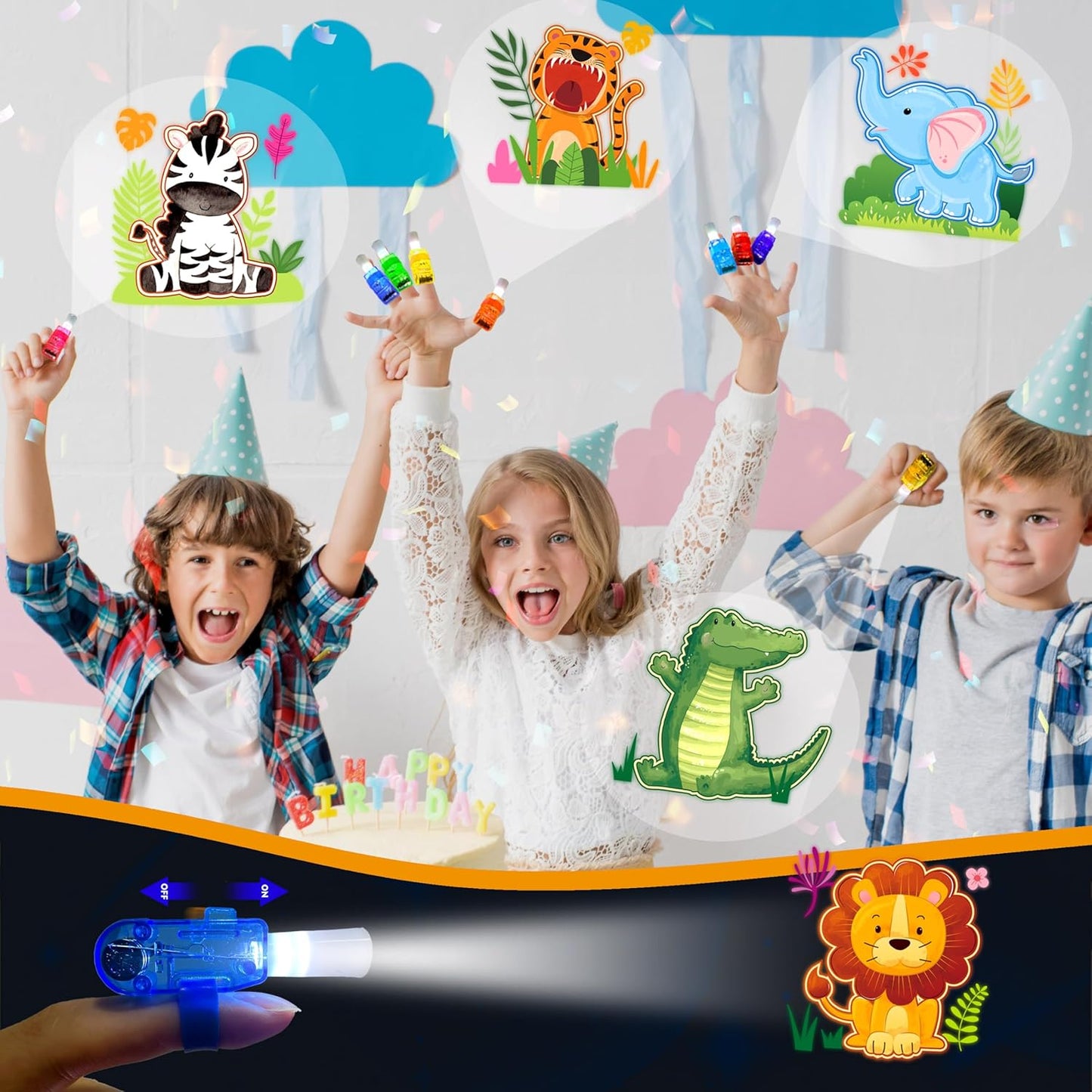 24PCS Jungle Safari Party Favors-LED Finger Lights:Glow-in-the-Dark Light-Up Toys Bulk for Kids,Animal Theme Birthday Party Decorations Supplies, Party Goodie Bags, Classroom Prizes, Fun Gifts