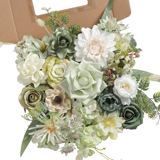 Forest Green Artificial Flowers Combo Box Set Silk Flowers Fake Rose for DIY Floral Arrangements Wedding Bouquets Centerpieces Baby Shower Party Home Decorations