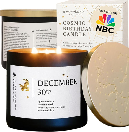 December 30th Personalized Zodiac Candle | Inspirational Astrology Reading and Daily Affirmation for Your Birthdate | Handmade Capricorn Candles | Astrology Birthday Gifts for Women