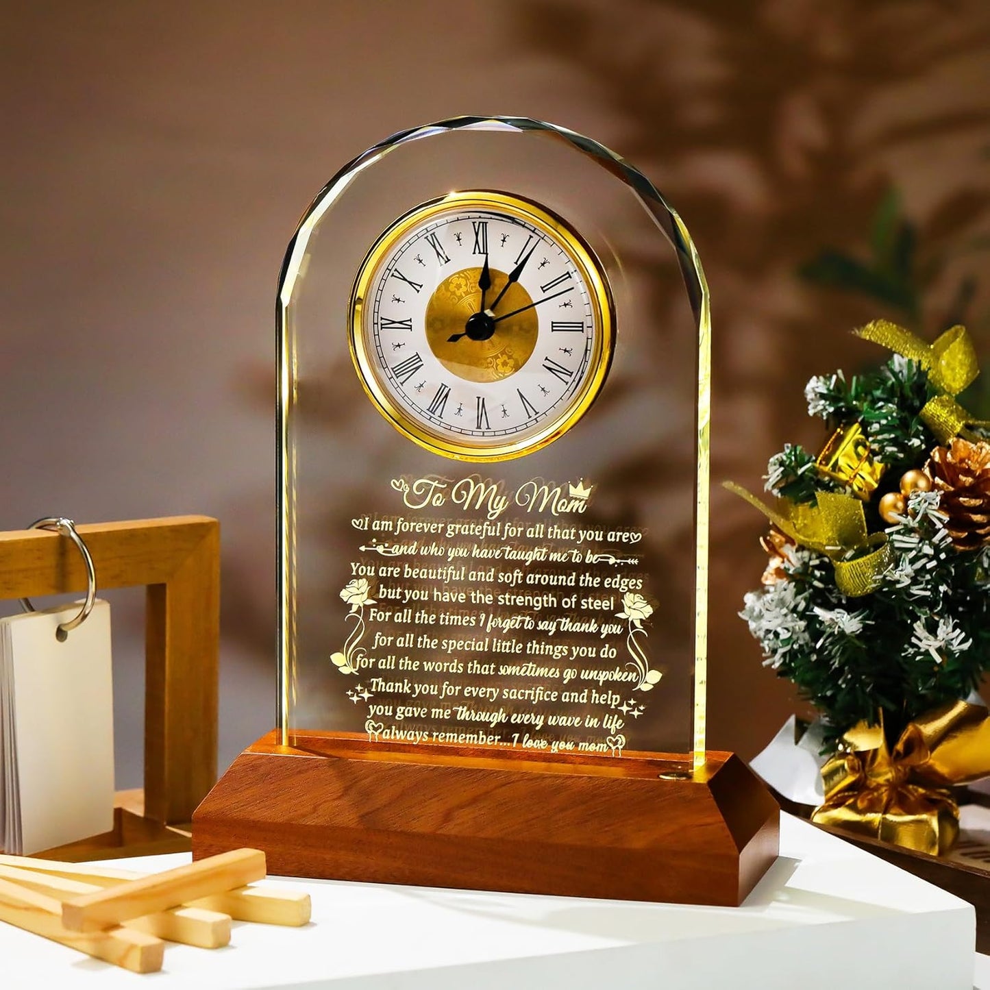 Glass Clock Gifts for Mom from Daughter Son with Wooden Light Base, Personalized Gift for Mom Who Has Everything on Birthday Mother's Day, Present for Mother on Christmas Home Desk Clock