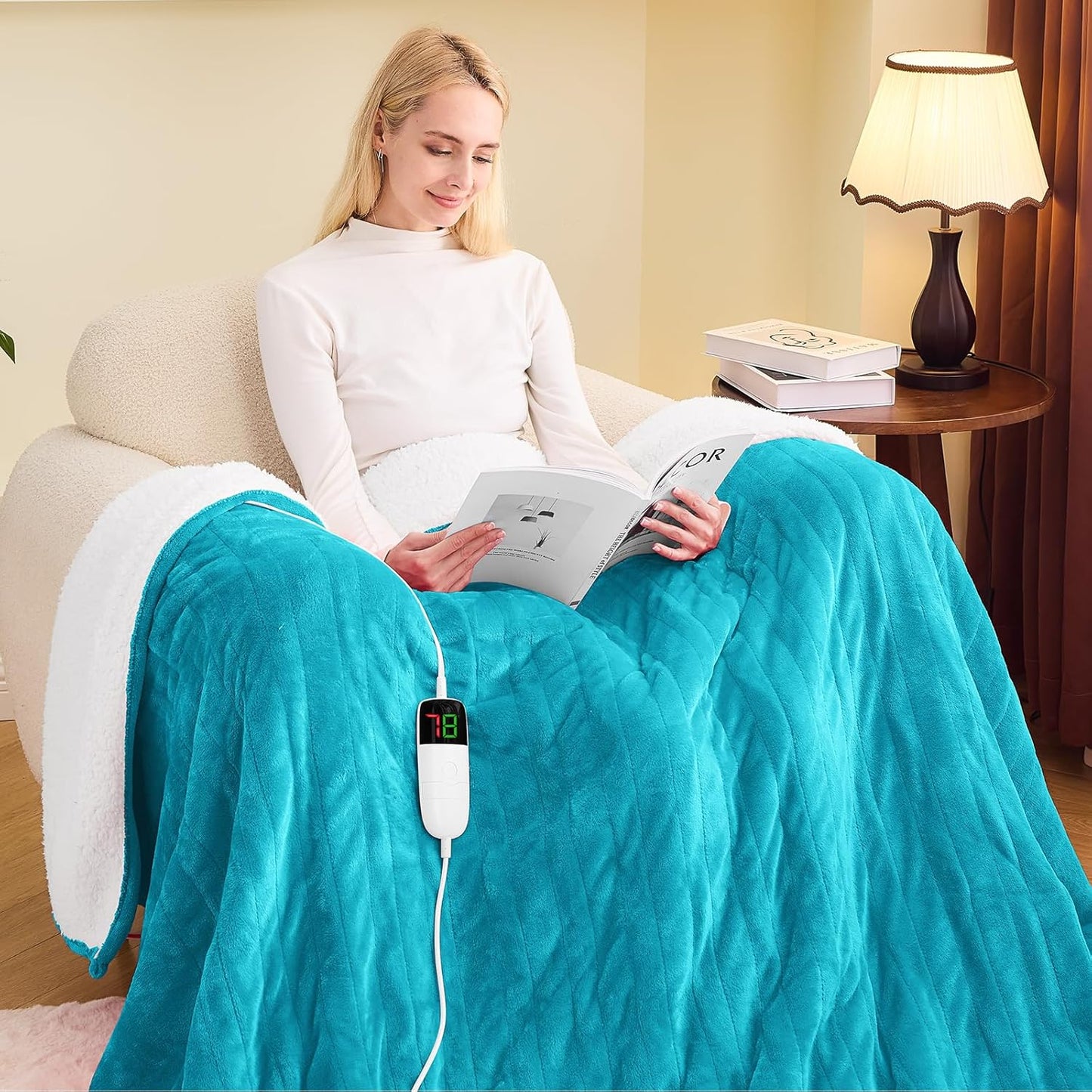 greenoak Heated Blanket Electric Twin 62"X84", Heating Blanket with 10 Levels 1/2/4/6/8 Hours Auto-Off Overheat Protection, Soft Flannel Sherpa Warm Heater, ETL Certified Aqua Green