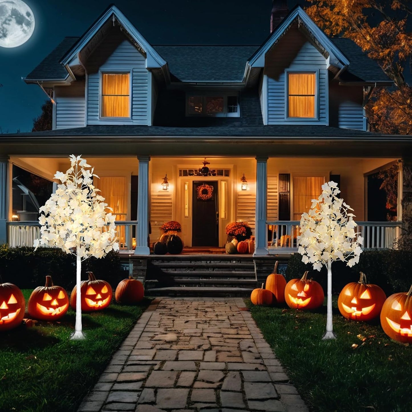 2PACK Artificial Lighted White Maple (5FT 96LED & 6FT 120LED) Fall Tree with Dual-Tone Lights (Cold & Warm White) Halloween, Thanksgiving, Autumn Harvest Outdoor Indoor Home Decor