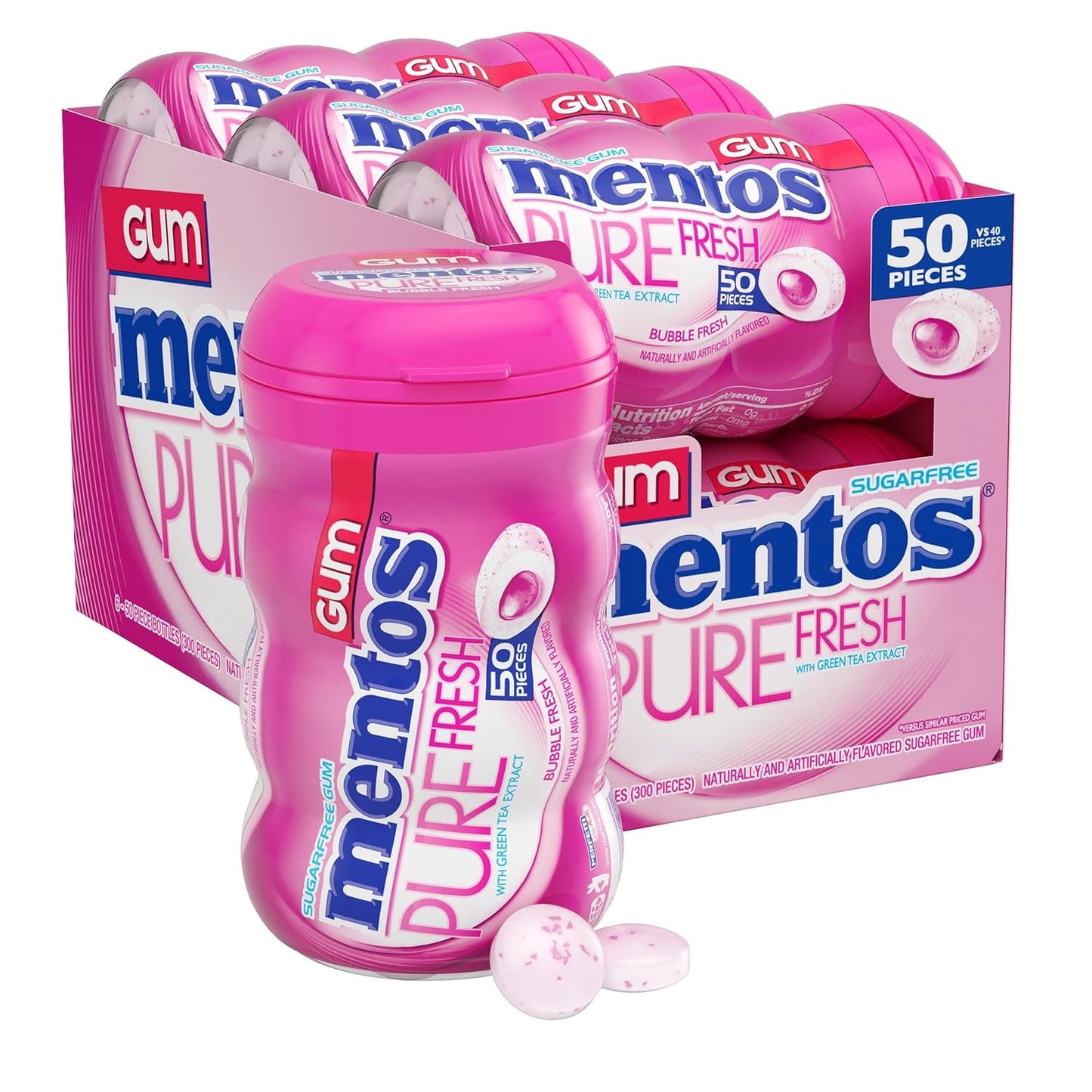 Mentos Pure Fresh Sugar-Free Chewing Gum with Xylitol, Bubble Fresh Flavor, Bubble Gum, 90% Recyclable Curvy Bottle, 50 Pieces per Bottle, 6 Pack